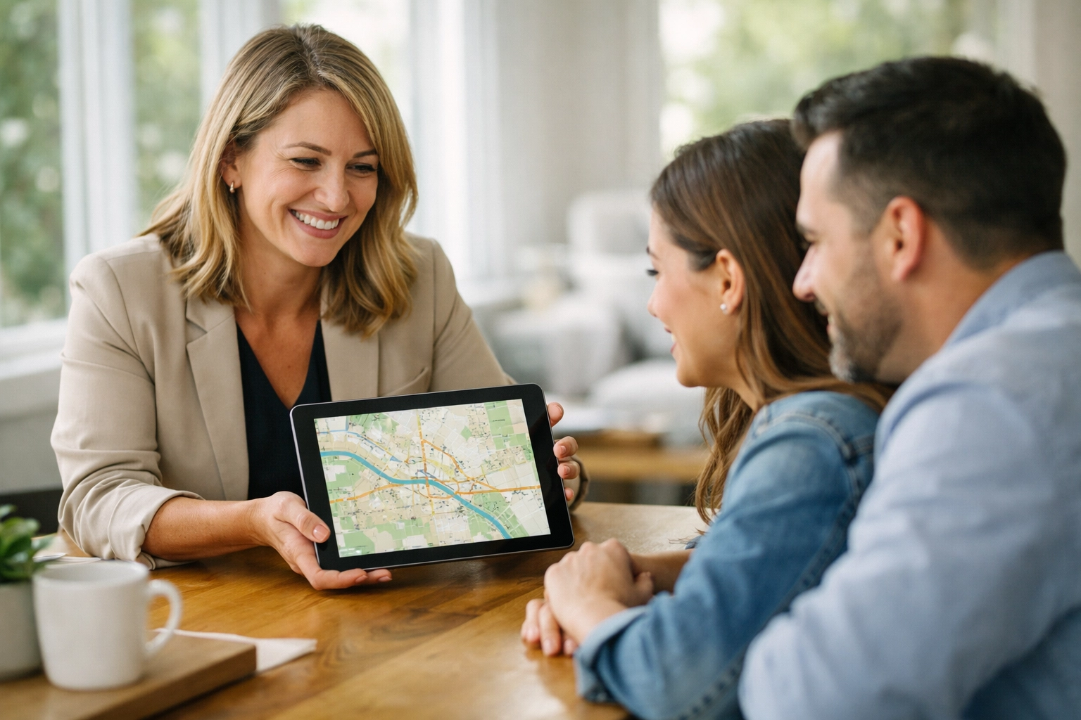 Real estate professional helping a couple plan their move using a map of Boise and Meridian neighborhoods. Real estate professional helping a couple plan their move using a map of Boise and Meridian neighborhoods.