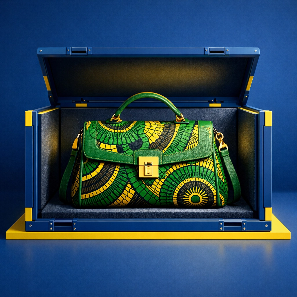 African luxury handbag in a shipping crate representing global export and trade.