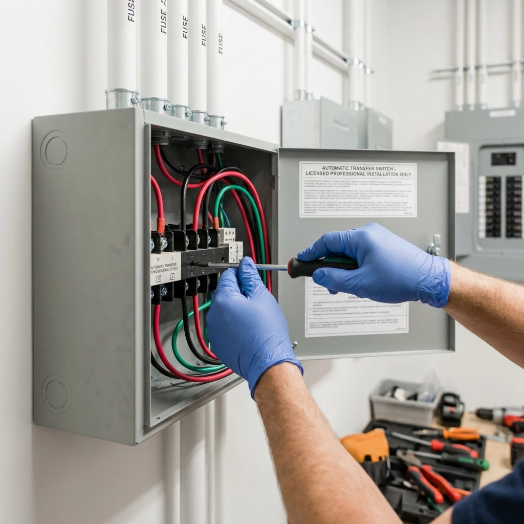 Electrician connecting wires in a transfer switch panel during professional generator installation in southern Maine