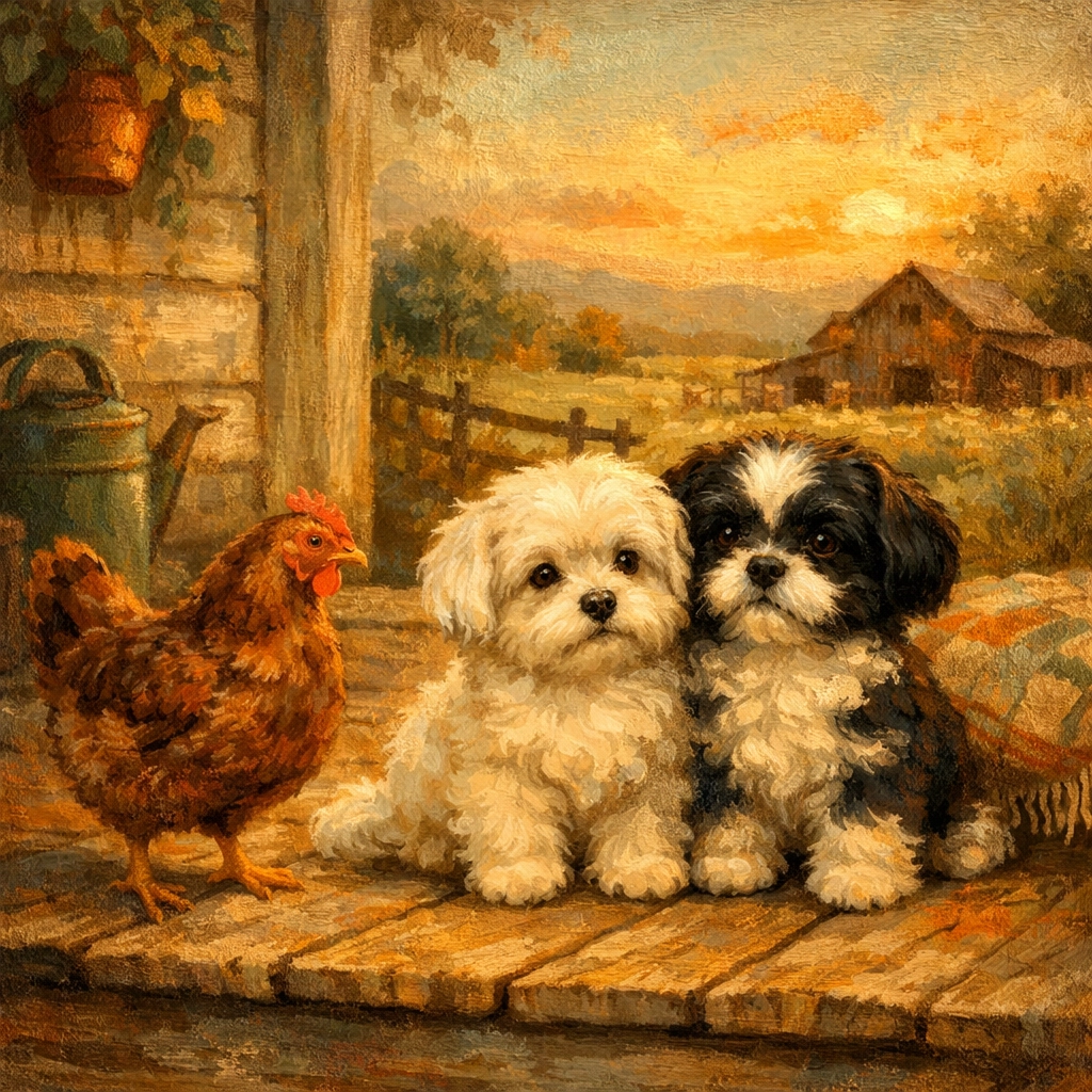 Milo the Maltese and Panda Bear the Shih Tzu sitting on a porch with a hen at Faithful Flock Farm.