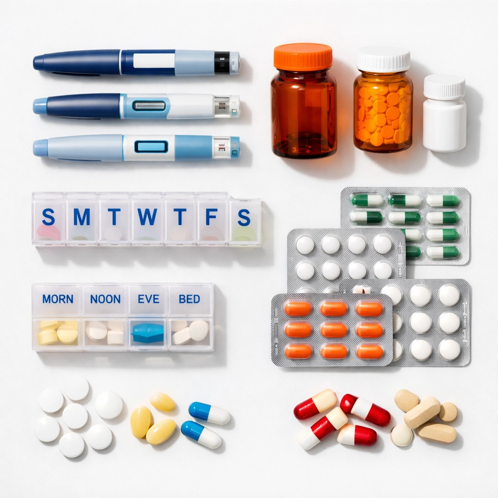Various prescription weight loss medication formats including injection pens and pills
