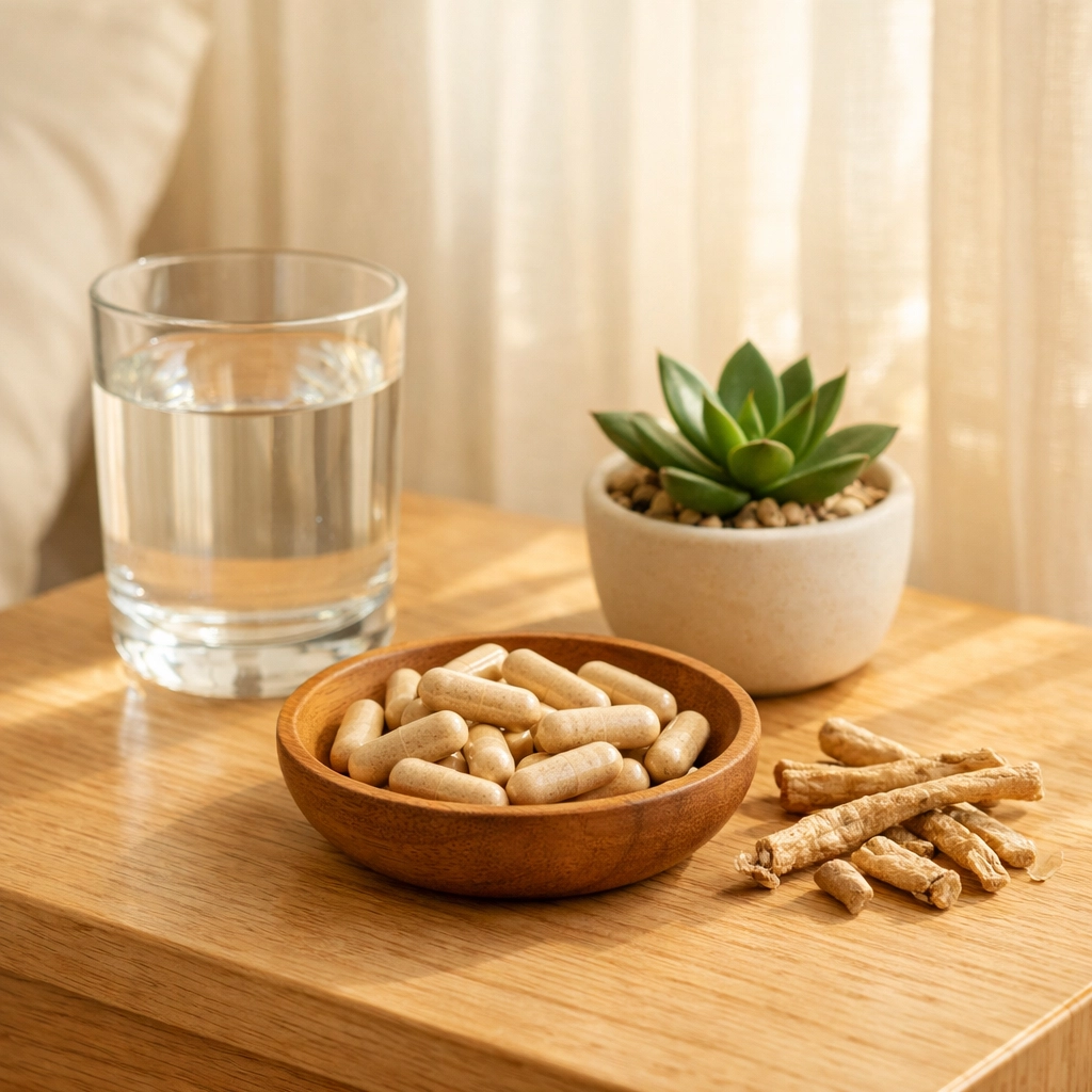 Ashwagandha capsules in morning wellness routine for stress relief and natural energy