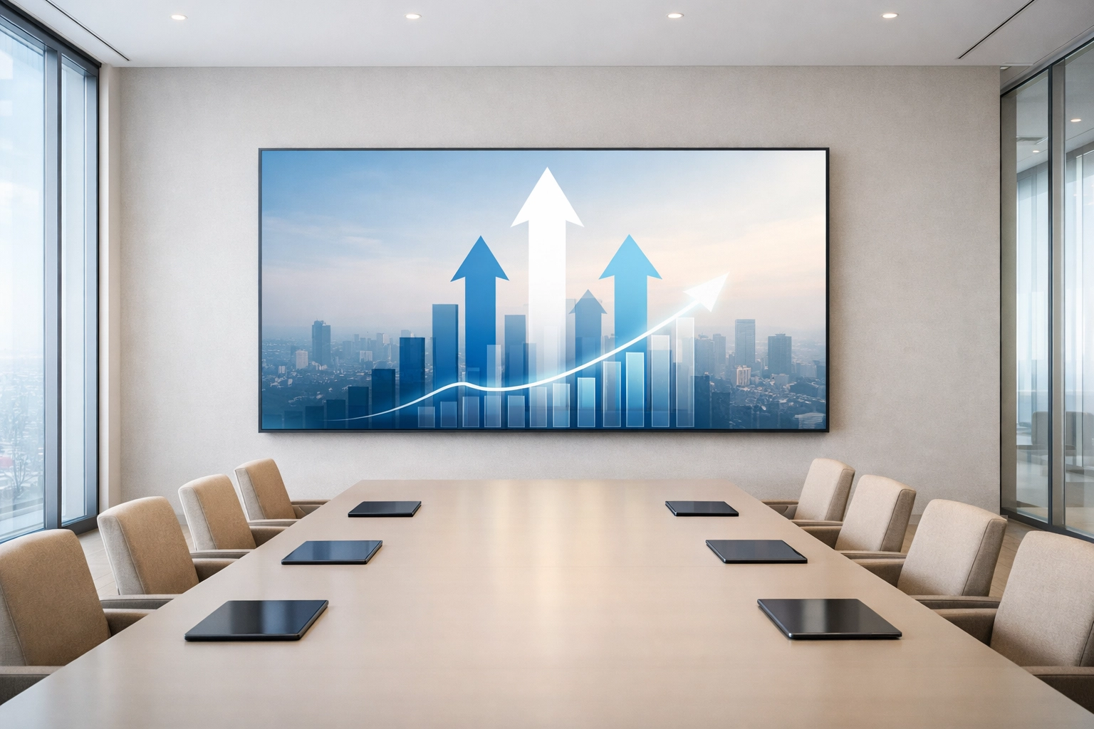 Minimalist corporate conference room reflecting the expansion of a tax service bureau business.