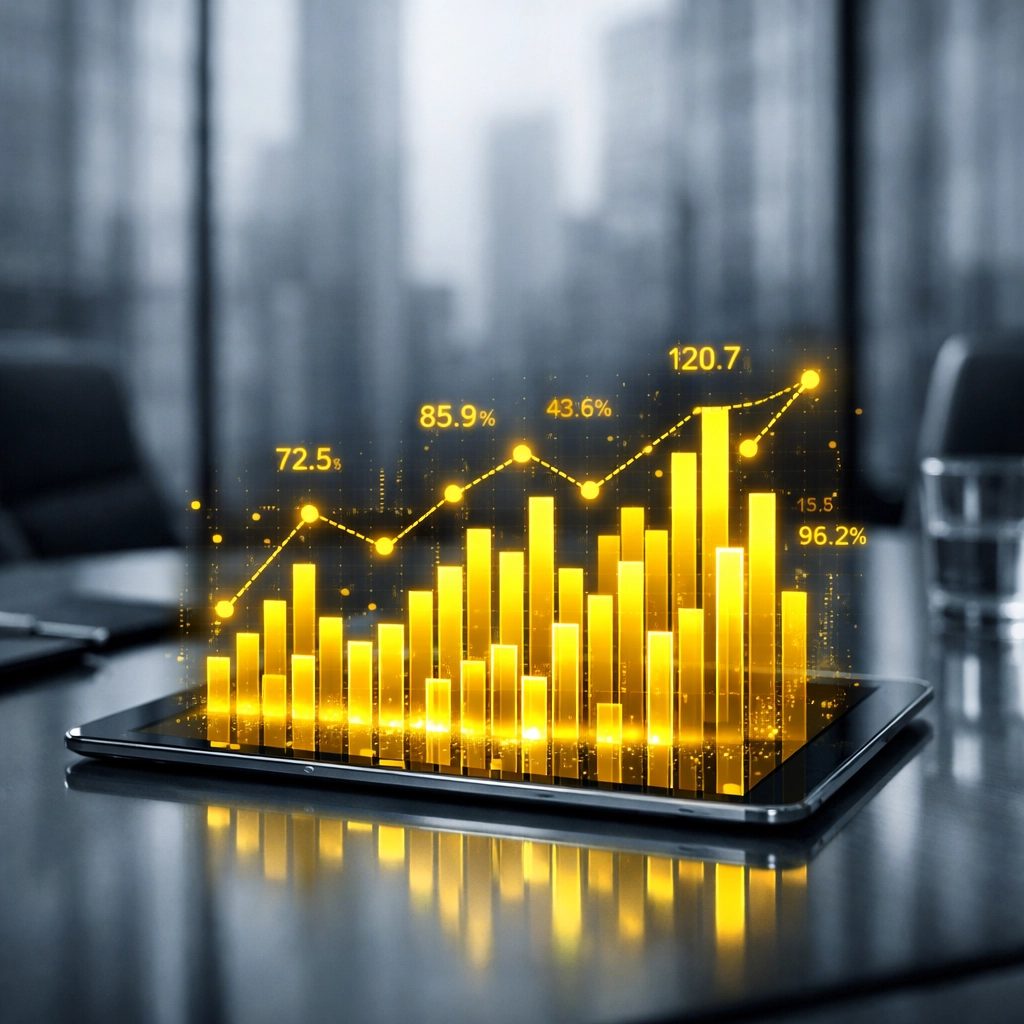 Digital tablet showing yellow data charts for Amazon advertising analytics and performance reporting.