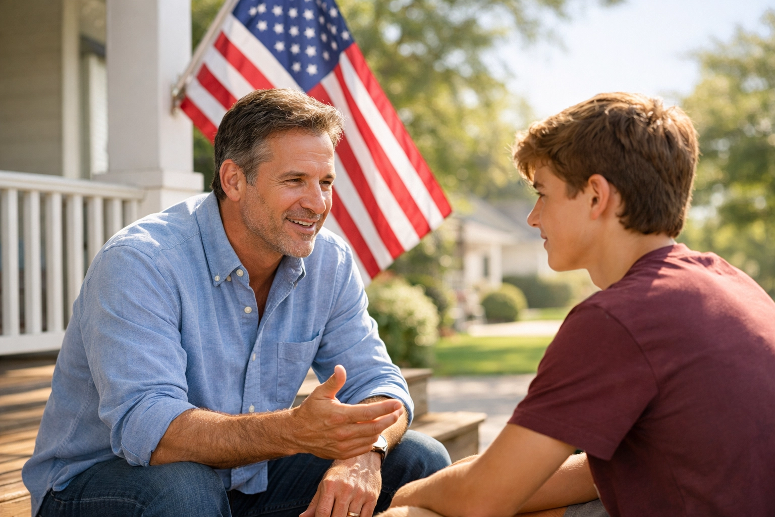 A man mentoring a teenager on a front porch with an American flag, demonstrating community leadership and civic duty.