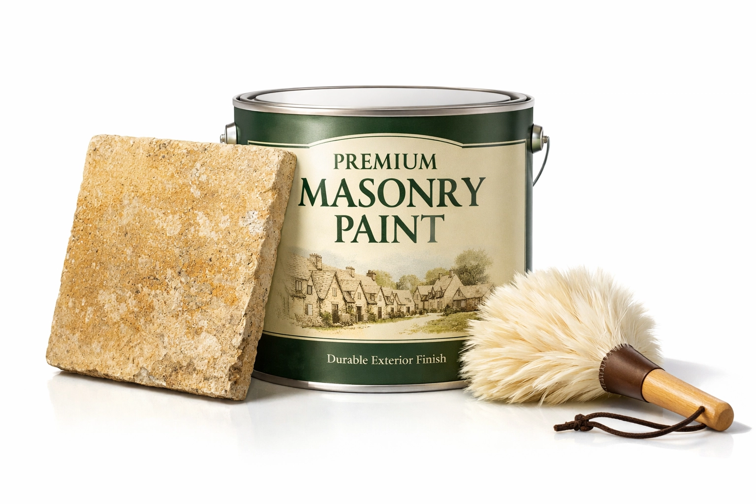 Masonry paint and a Cotswold stone tile representing expert exterior decorating services in Gloucestershire.