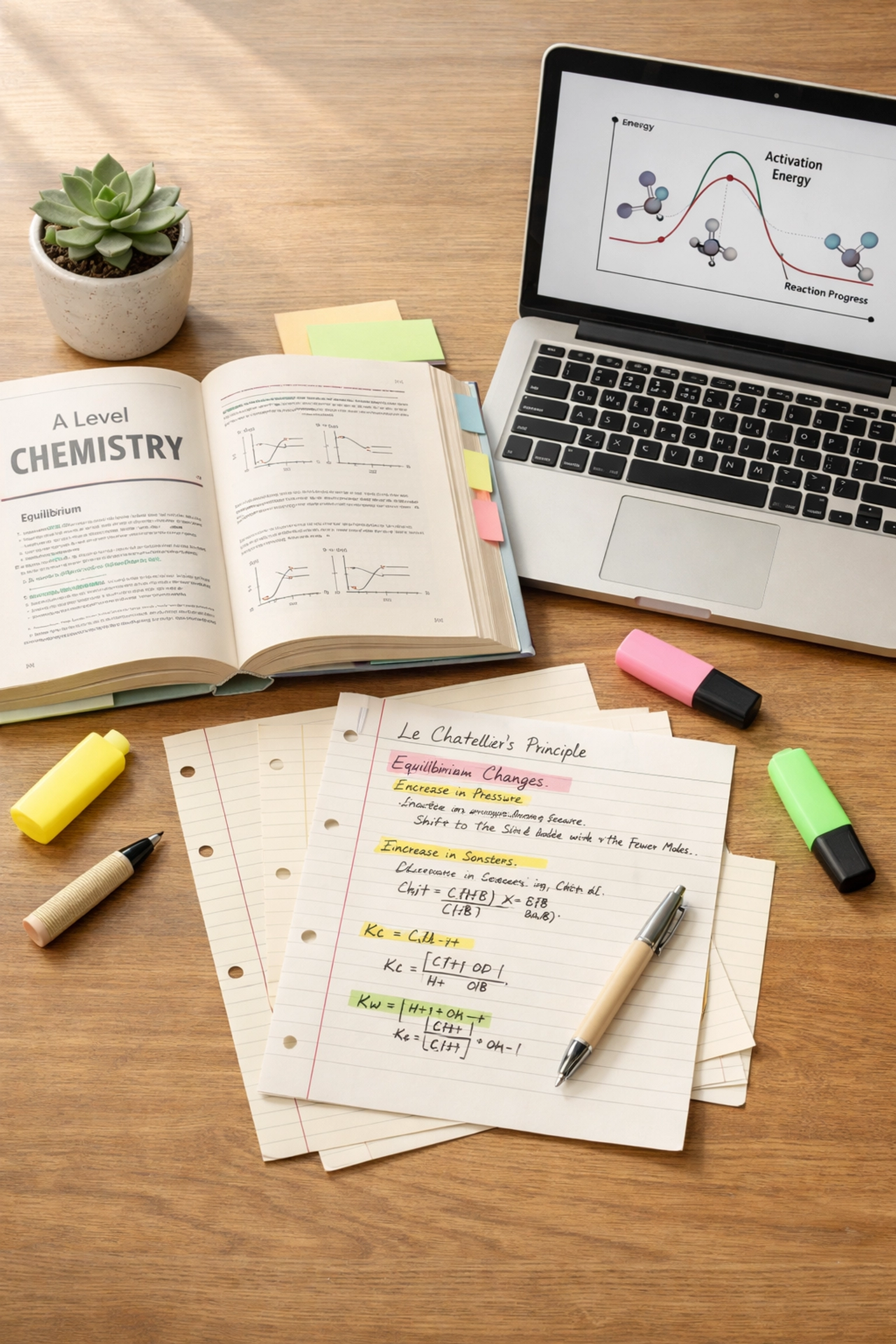 Student desk with A Level Chemistry textbook, highlighters and notes showing passive revision