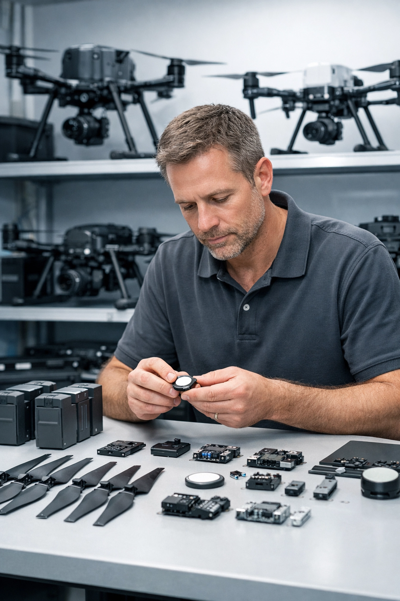 Drone technician inspecting components for NDAA compliance requirements