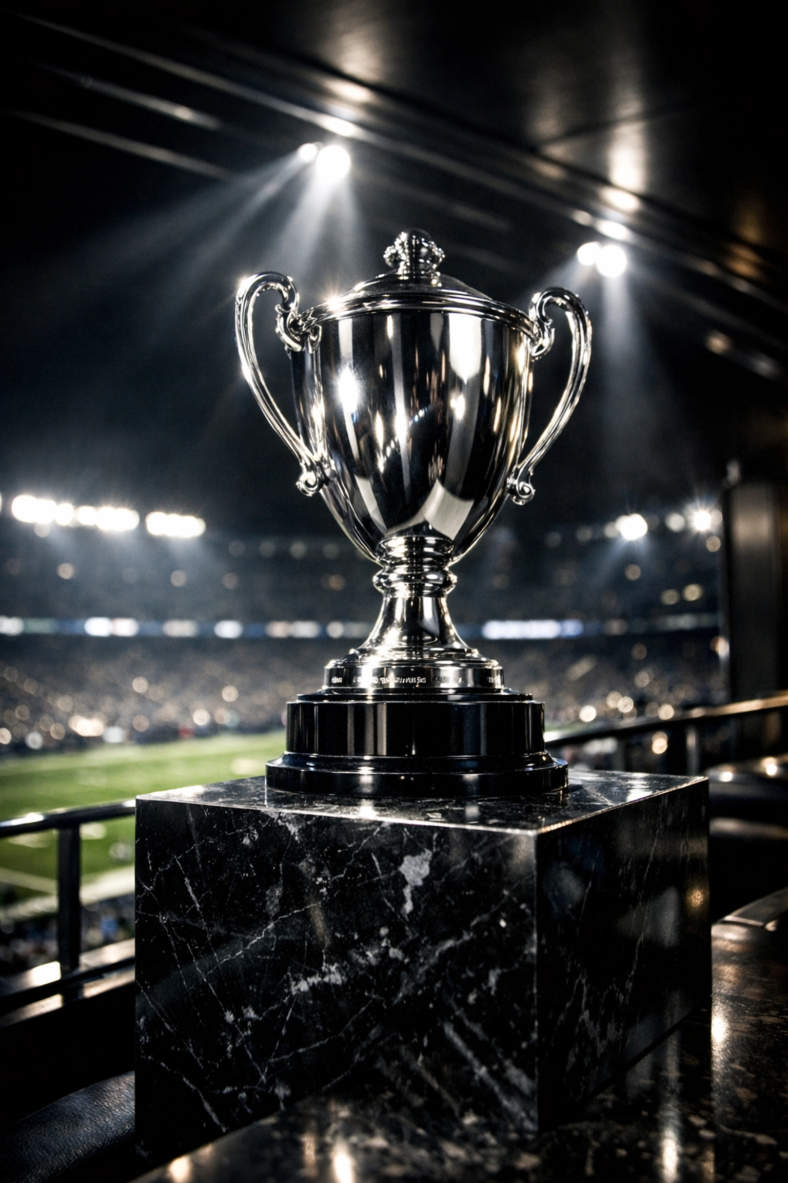 A silver championship trophy on display at a corporate branding event overlooking a football stadium.