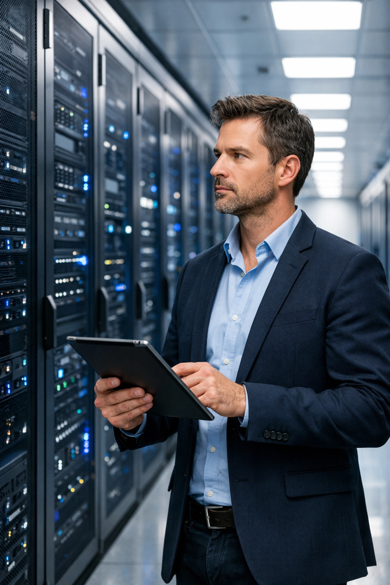 Consultant performing a ServiceNow ITOM audit in a server room to identify infrastructure ROI opportunities.