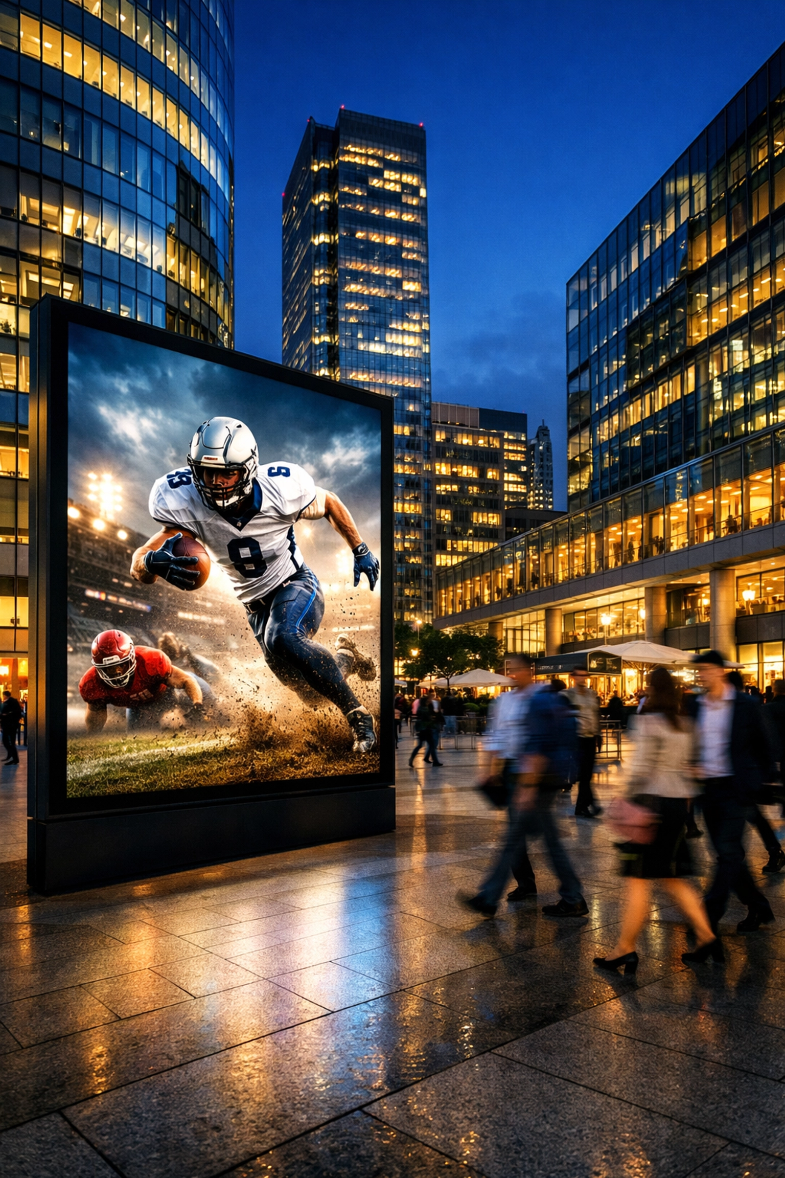 Large digital billboard in a metropolitan square showing a high-action sports ad for DOOH campaigns.