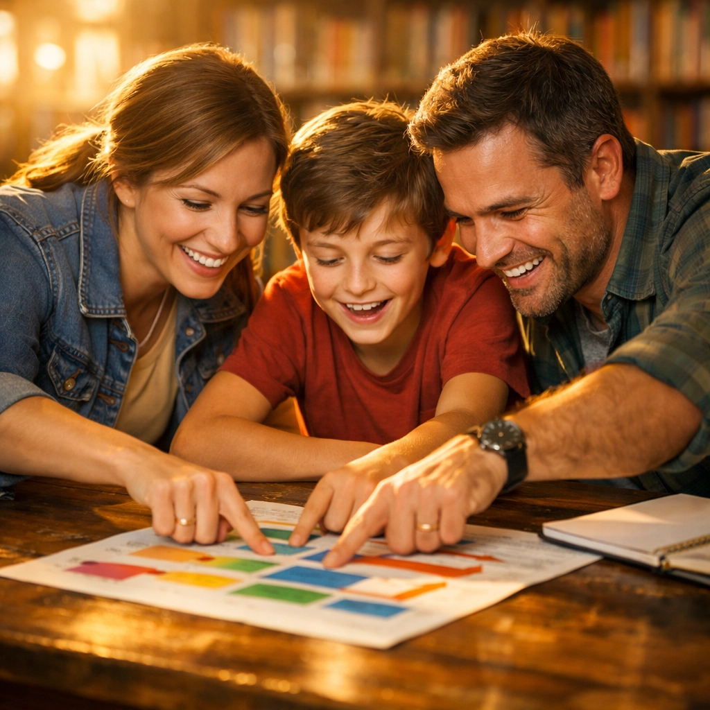 A parent and teacher collaborating to support a young student's academic journey and confidence.