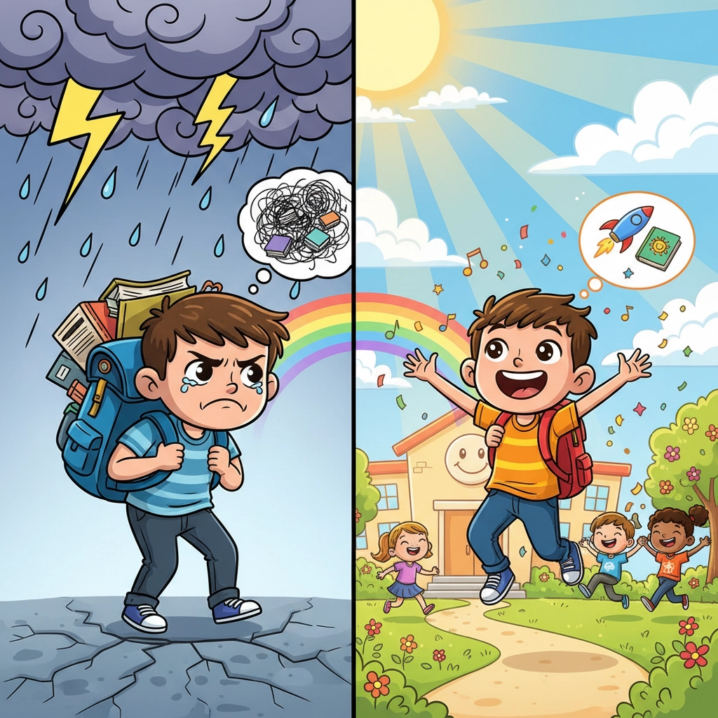Sad boy with heavy backpack under stormy sky; happy boy with light backpack, rainbow, and sun. Split image shows transformation.