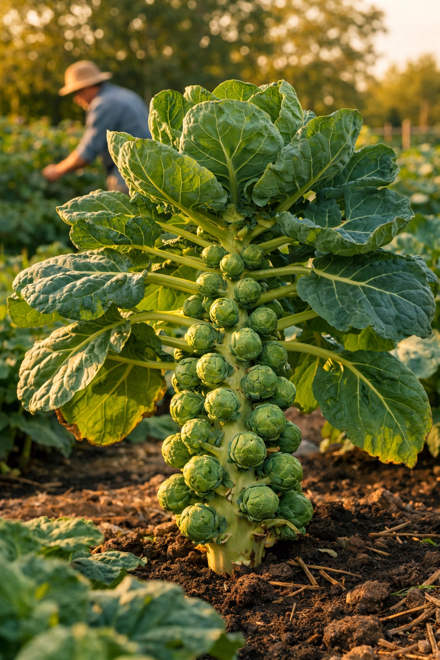 Mature Brussels sprout plant growing in garden bed