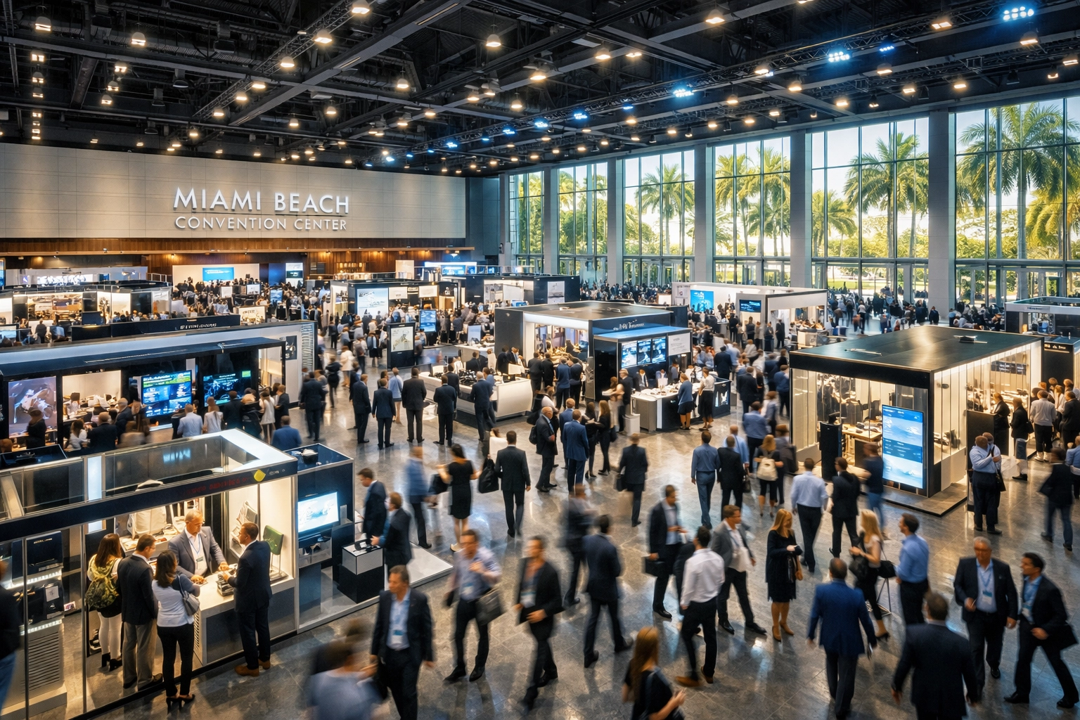 Professional trade show photographer miami captures a busy expo floor at the convention center.