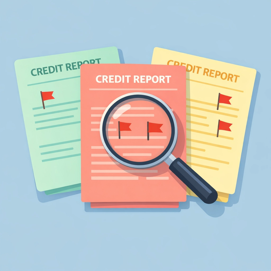 Revisión de reporte de crédito con lupa mostrando errores a disputar en los tres burós
