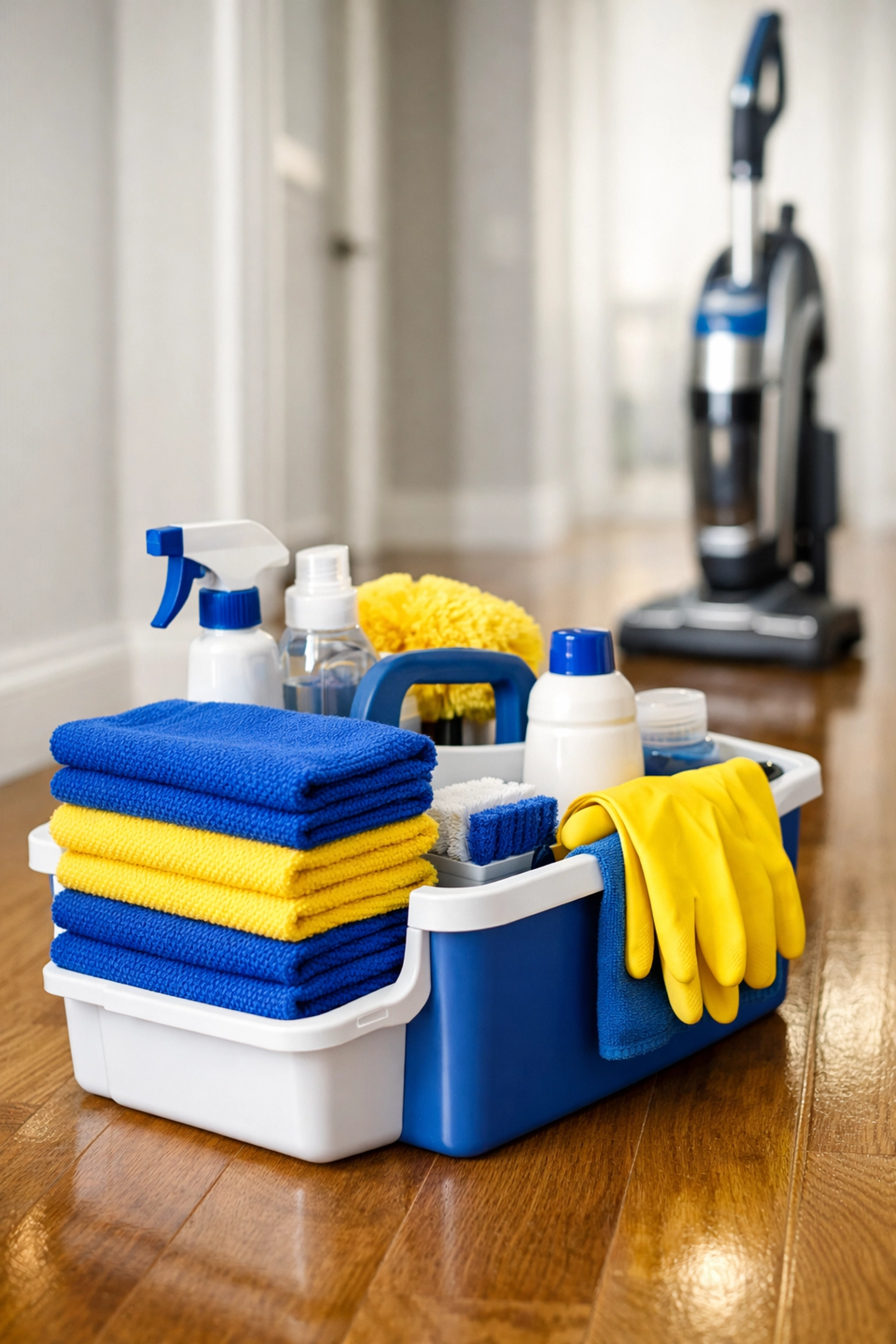 Organized professional cleaning caddy and vacuum used by The Cleaning Ninjas Inc for deep cleaning Westborough homes.