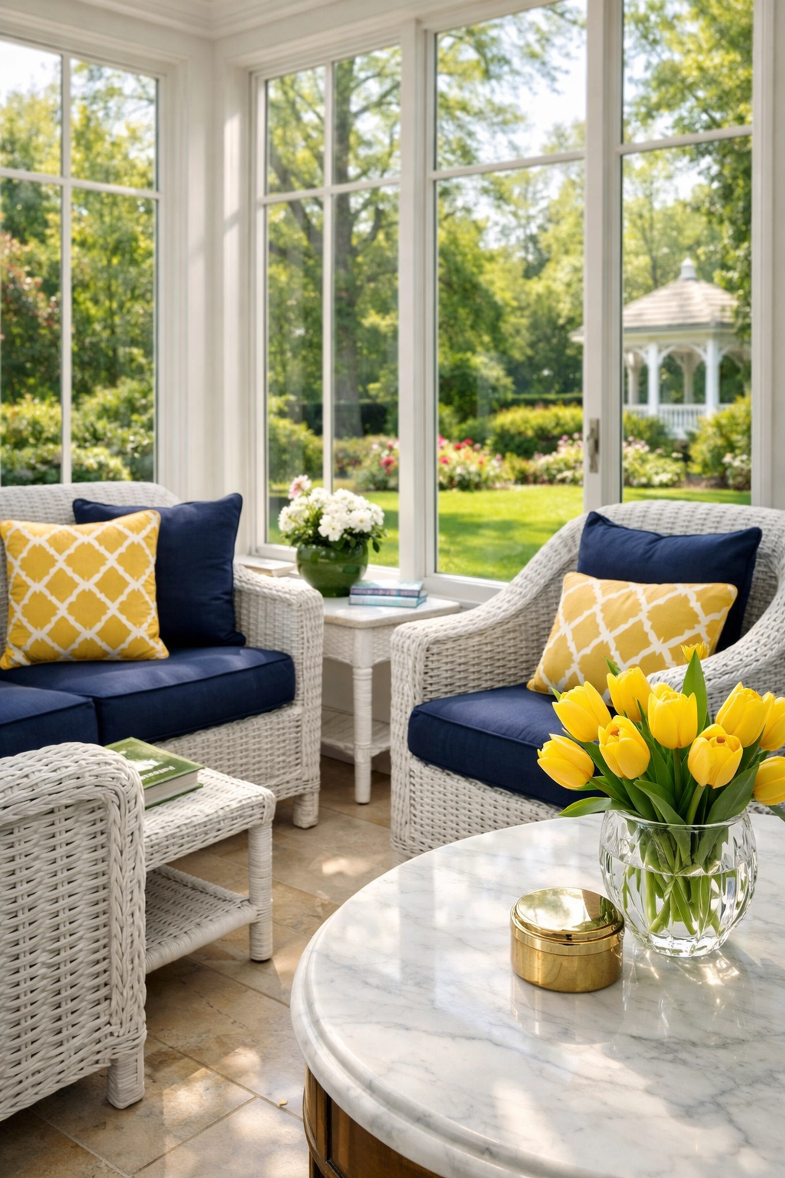 Dust-free conservatory furniture and clean surfaces in a historic home, perfected by luxury house cleaning in Newton MA.