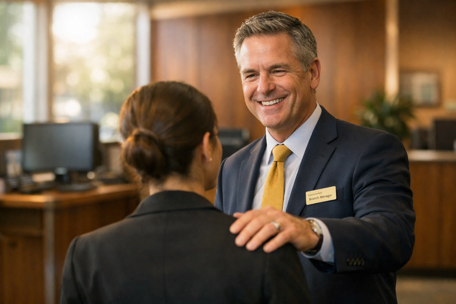 Bank manager connecting with staff in a modern office, prioritizing team leadership over administration.