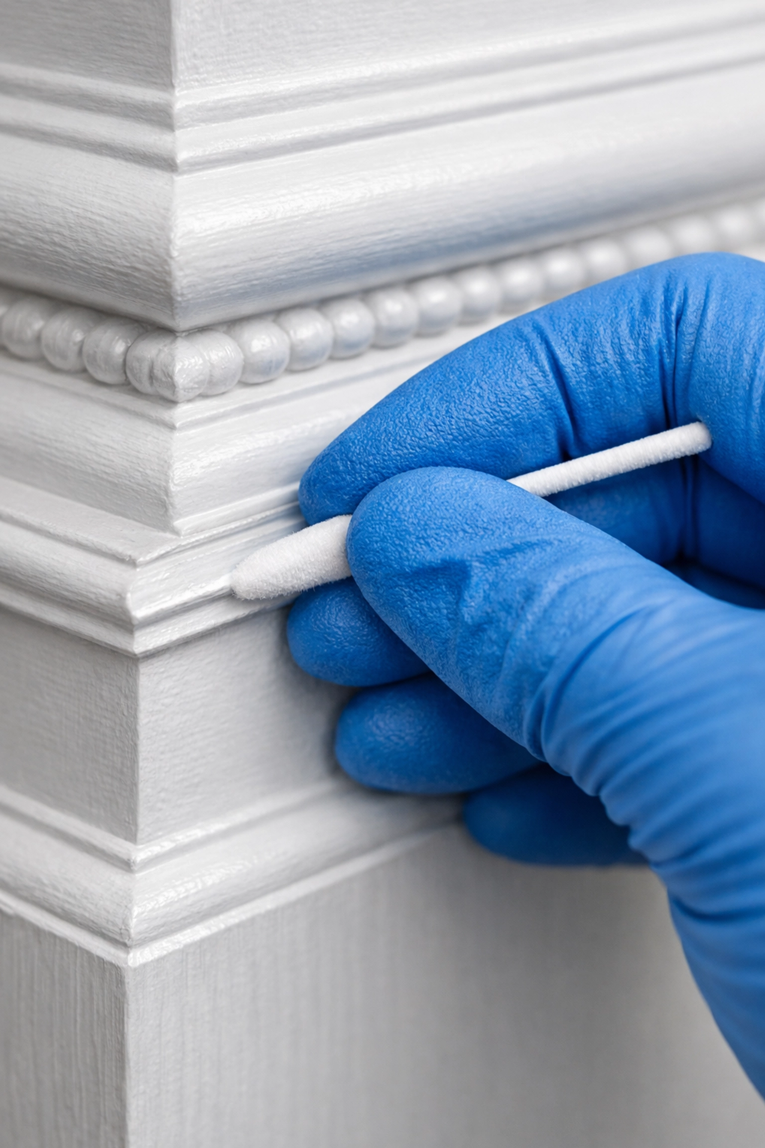Professional cleaner detailing white baseboards in a Leominster home for deep cleaning results.