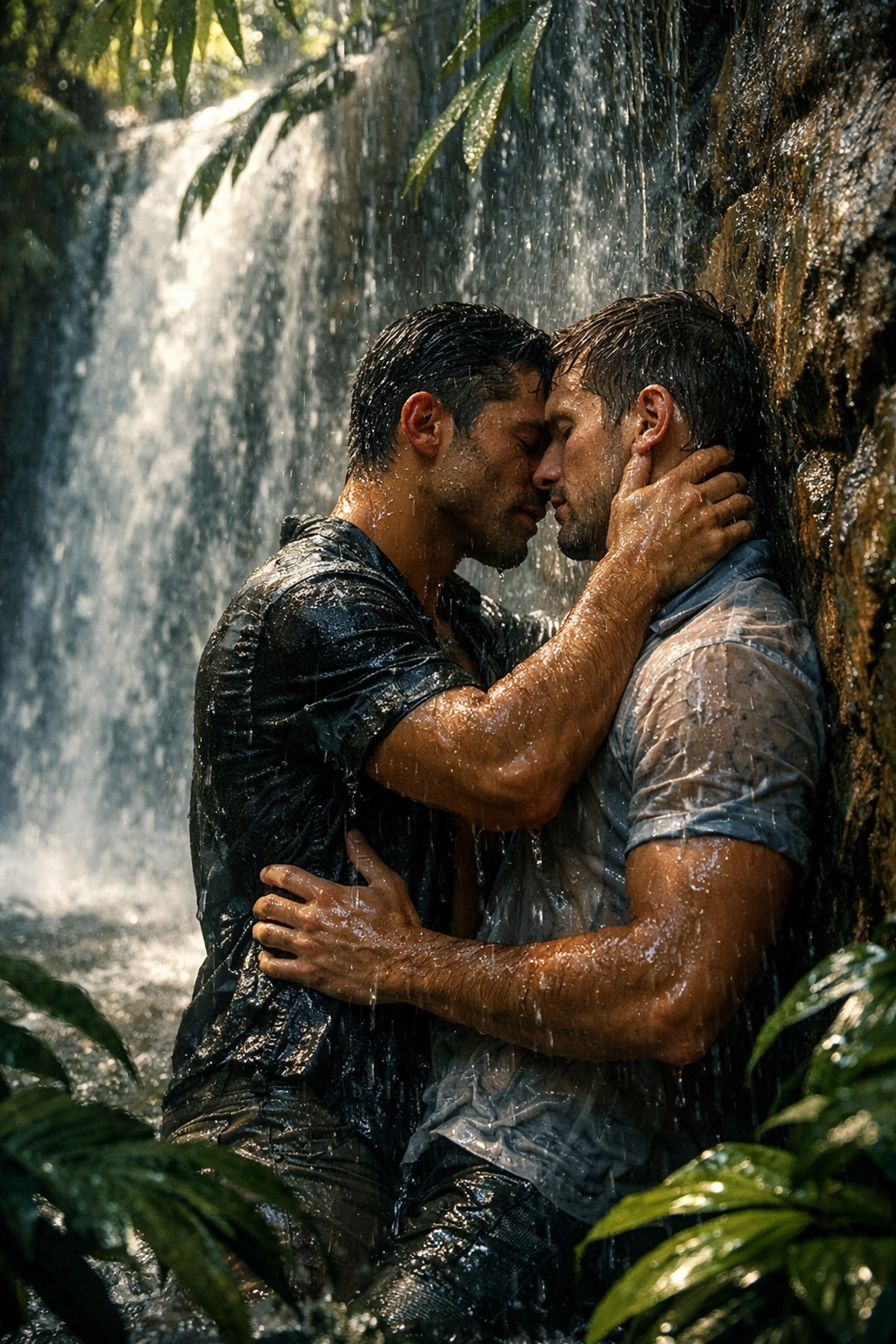 Gay couple embracing under secluded waterfall in jungle romance scene
