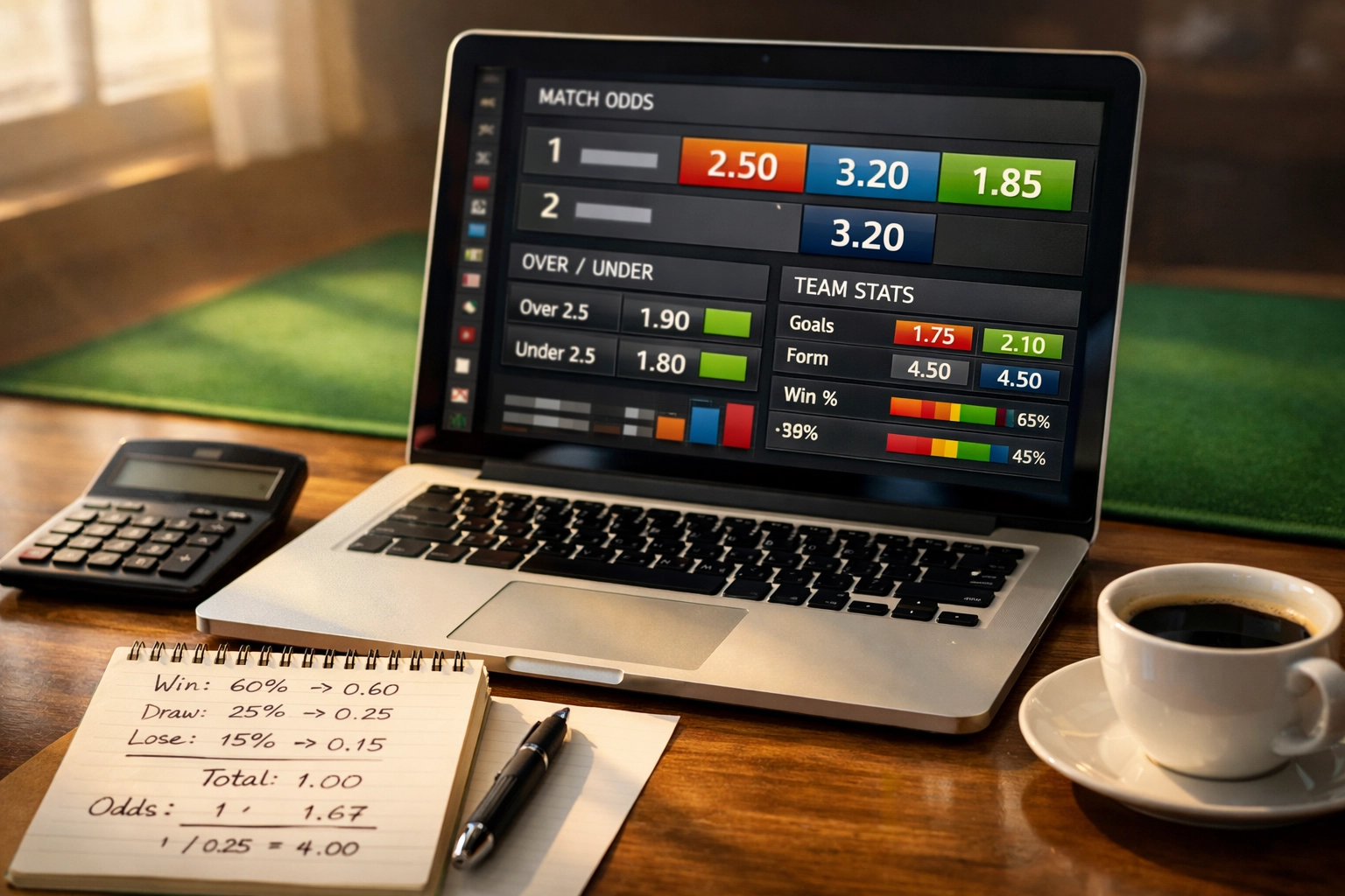 Sportwetten-Analyse mit Wettquoten und Value-Betting-Berechnungen auf Laptop und Notizen