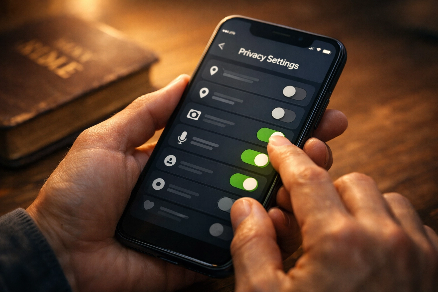 Close-up of a smartphone privacy settings screen with hands adjusting toggles, warm light, Bible blurred in background