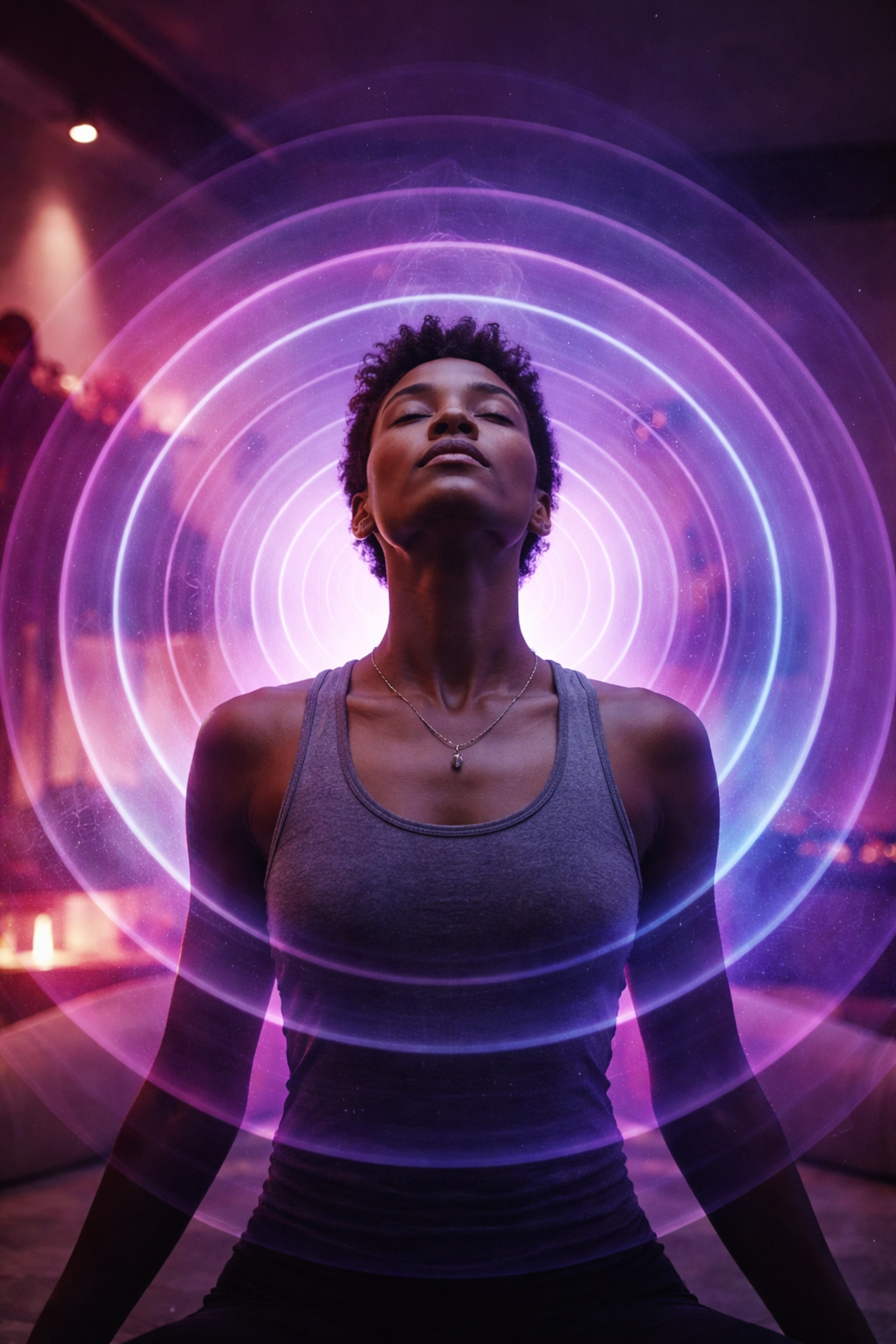 Individual practicing breathwork with layered sound waves, evoking transformative subconscious healing using 9D Breathwork.