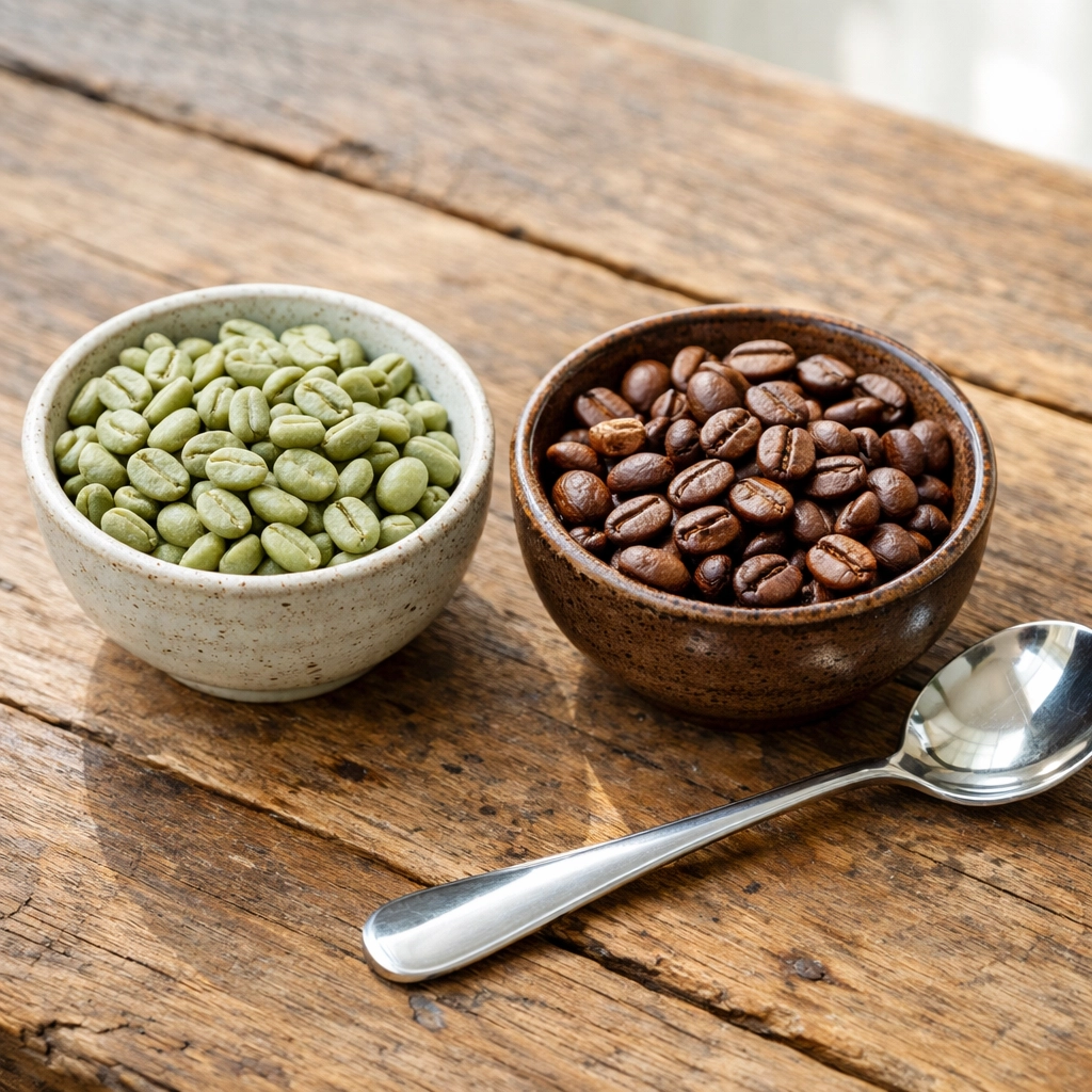 Green and roasted specialty coffee beans on a cupping table, highlighting quality sourcing for wholesale coffee.