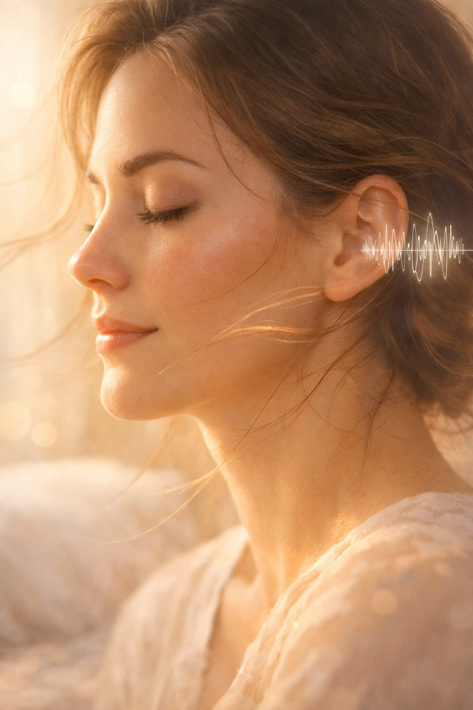 Woman with closed eyes practicing mindful grounding technique using five senses
