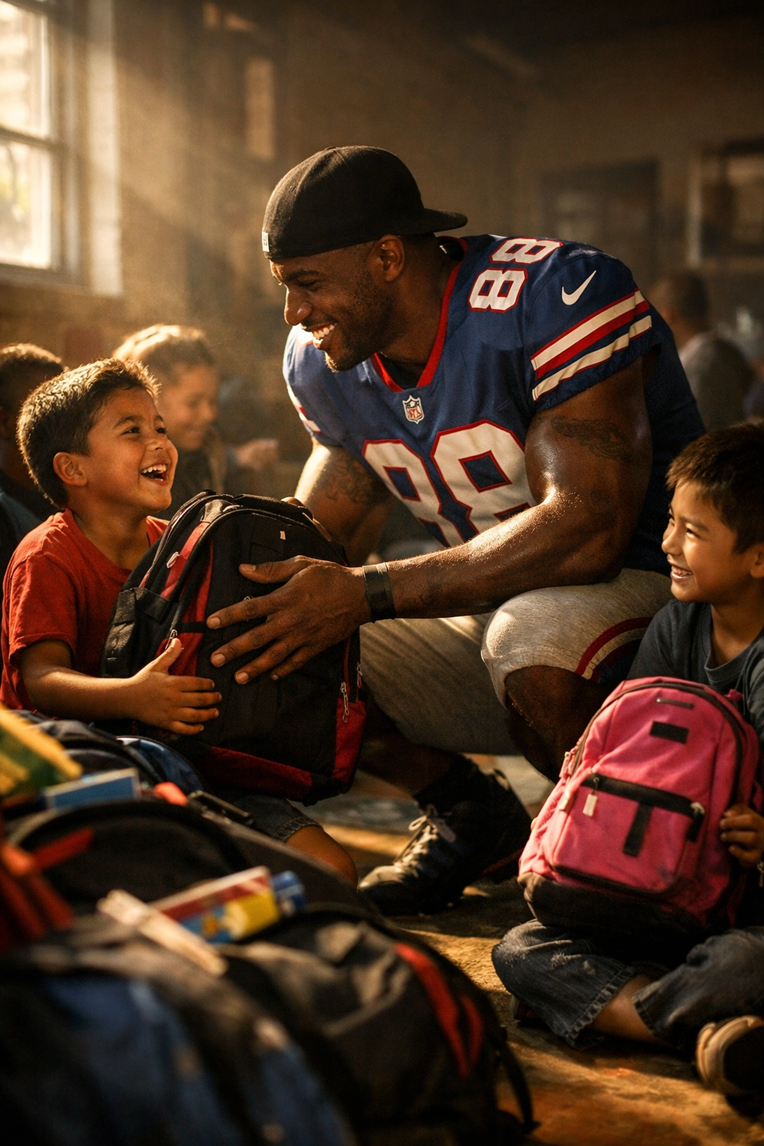 Professional athlete giving back to community youth with school supplies at community center