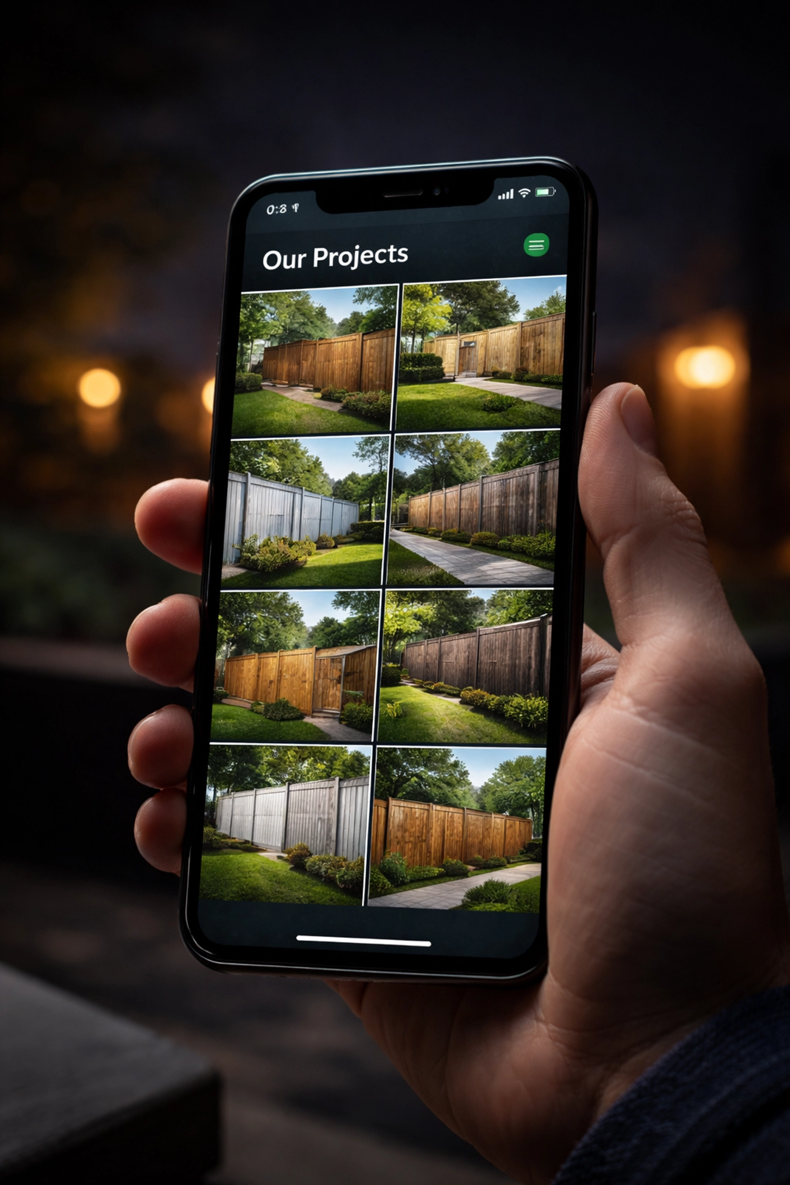 Homeowner browsing fencing contractor's online project gallery of fence installations on a smartphone at night