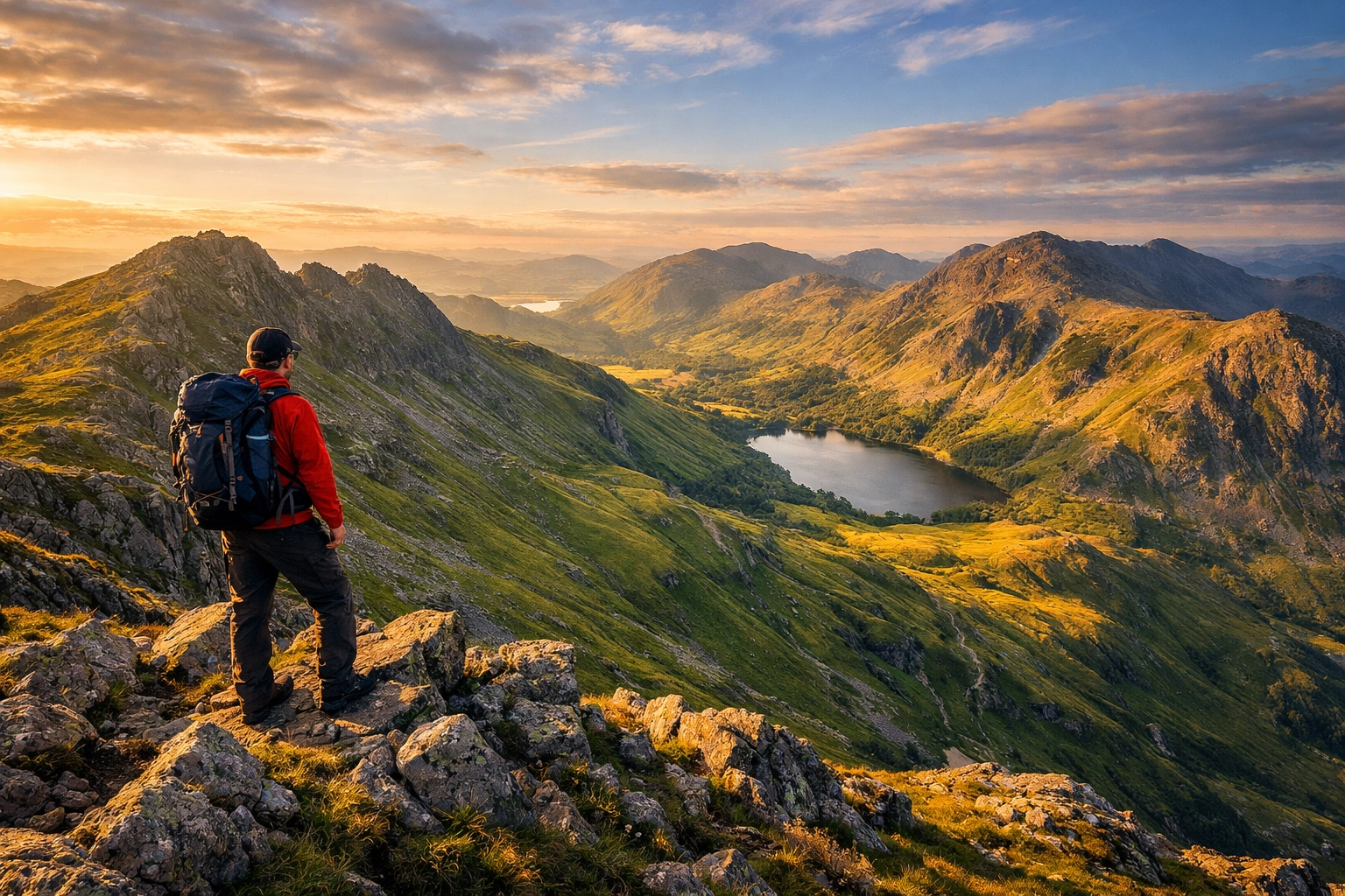 Hiker overlooking Lake District mountain peaks on guided walking route