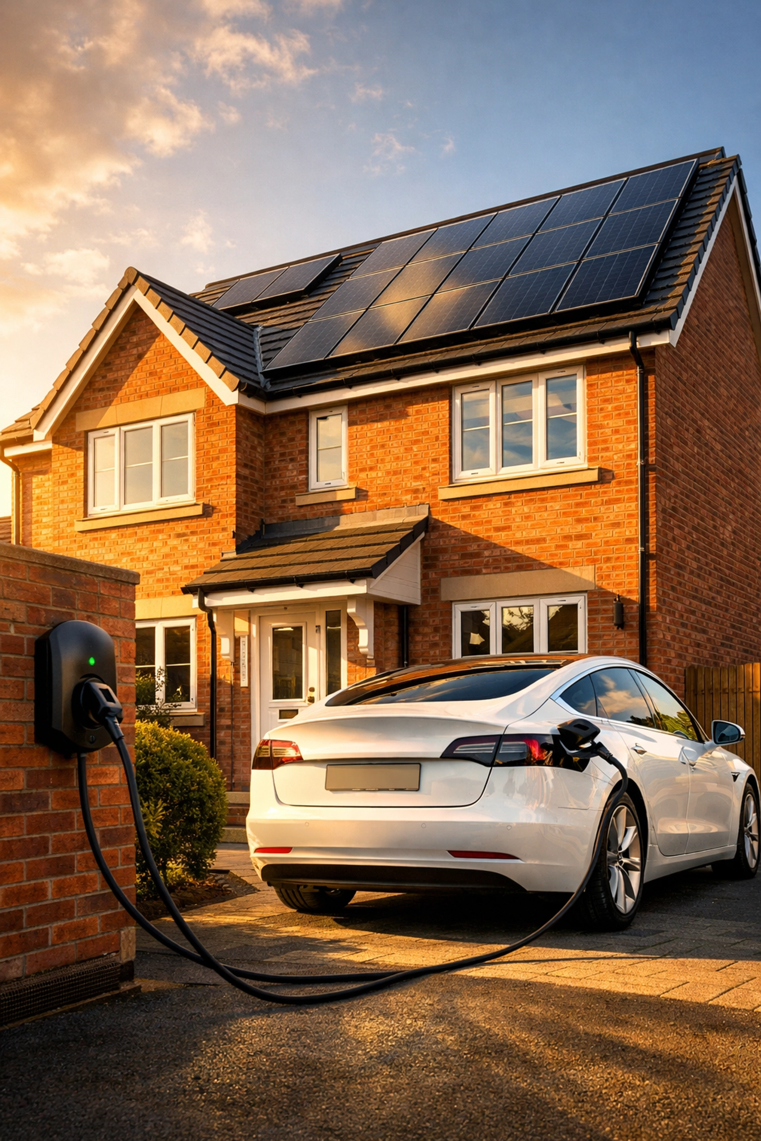 UK home with solar panels and electric vehicle charging on driveway