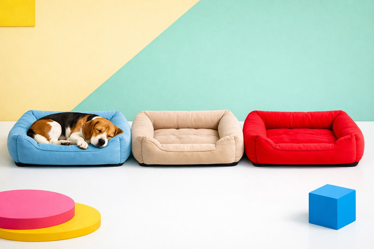 Dog bed color comparison showing calming blue bed preferred over stimulating red bed
