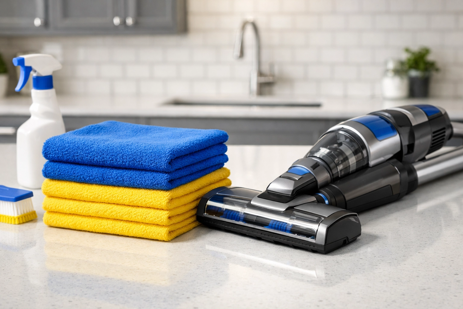 Clean microfiber cloths and vacuum on a kitchen counter for professional house cleaning Ashby MA.