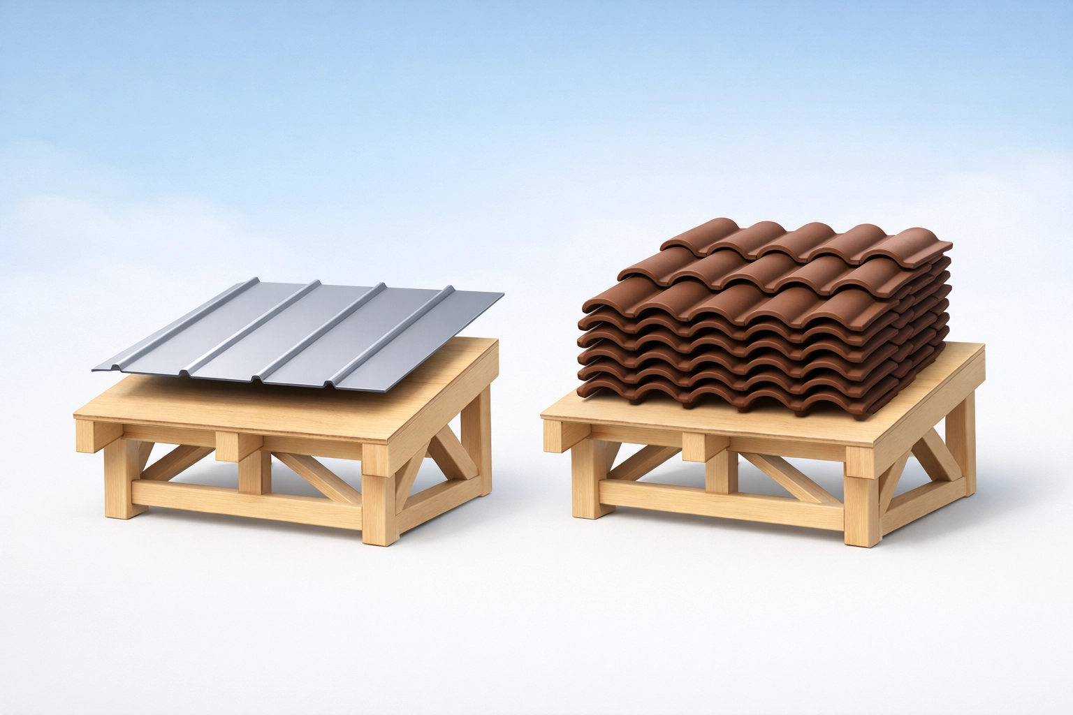 Comparison of lightweight metal roofing sheets versus heavy traditional roof tiles on a house frame.