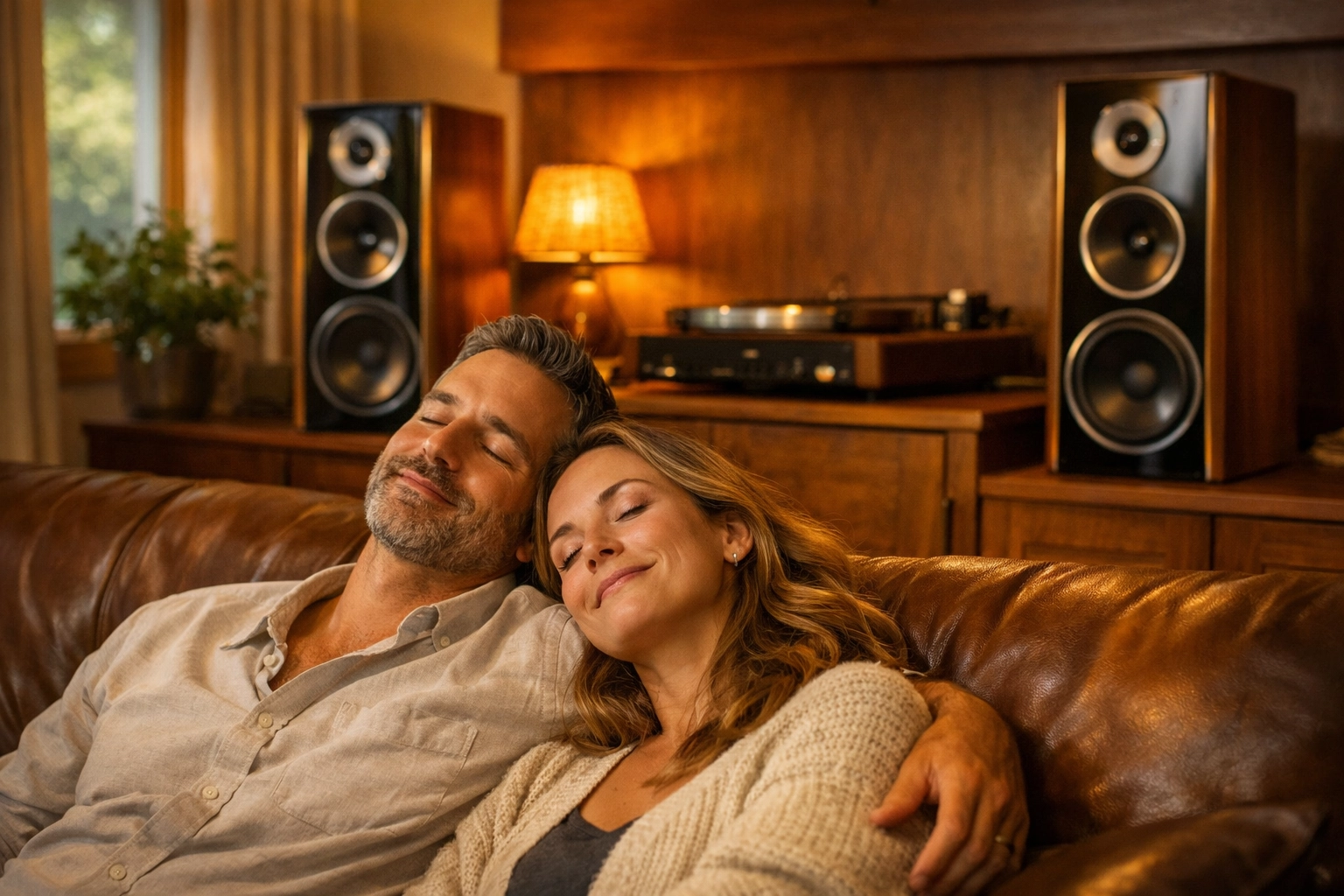 Couple relaxing with audiophile speakers in a custom home theatre installation in the Northern Rivers.