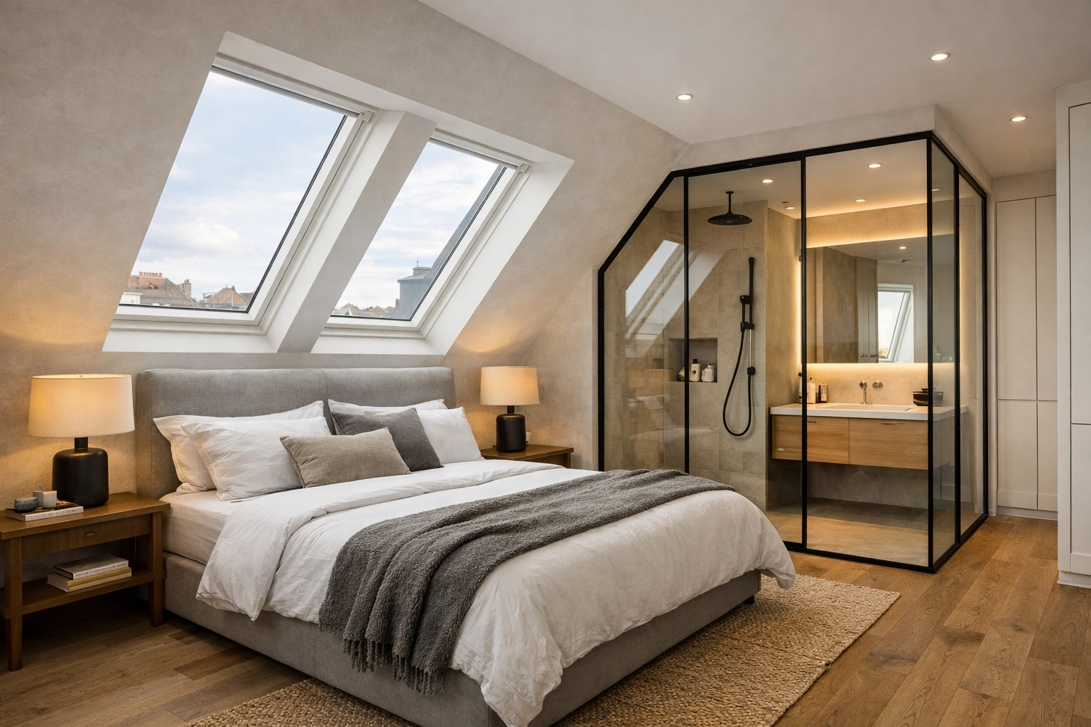 High-end London loft conversion bedroom with skylights, showing residential renovation potential.