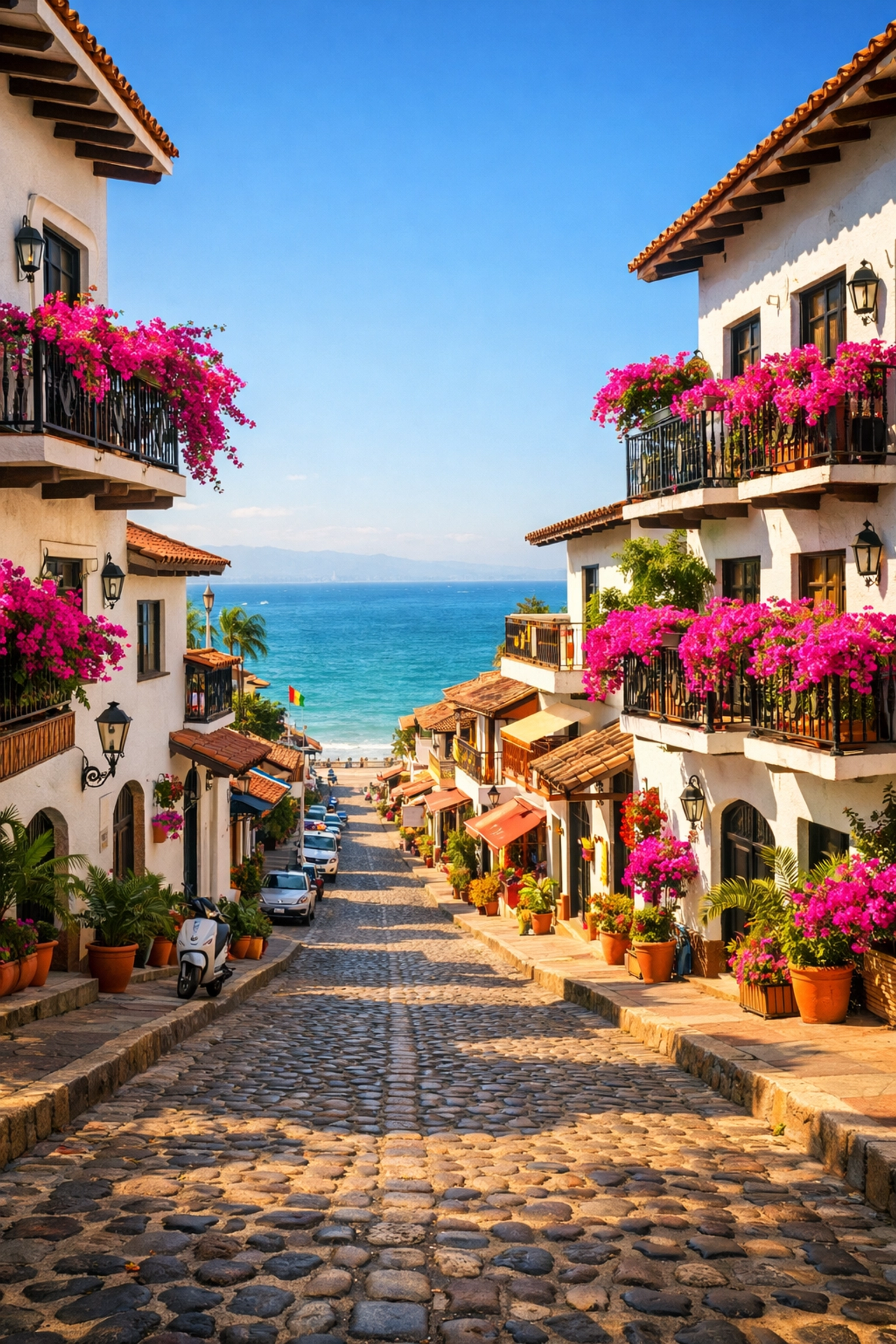 Sun-drenched cobblestone street in Amapas, a top area to rent apartments in Puerto Vallarta.