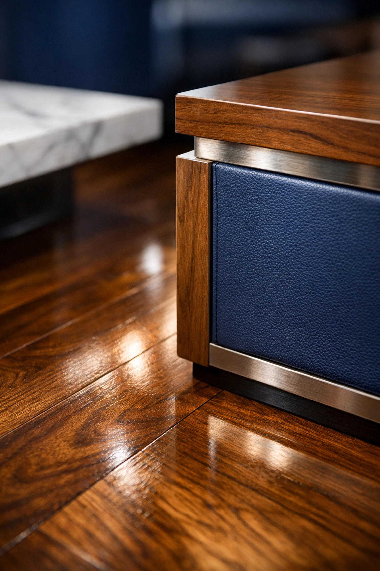 Detailed shot of a gleaming, dust-free hardwood floor in a professional commercial workspace.