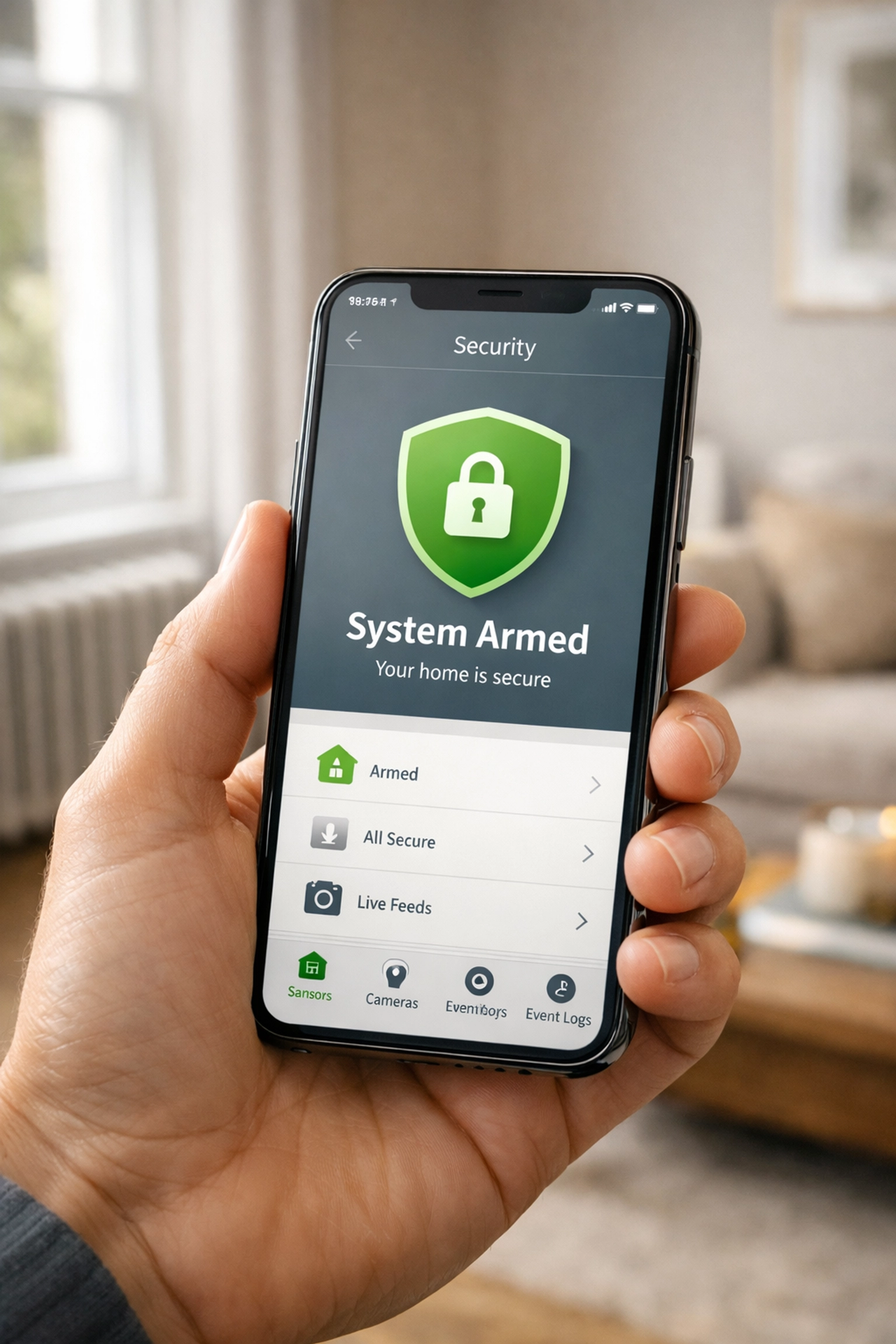 Using a smartphone app to arm a professional security alarm system in a modern Southampton home.