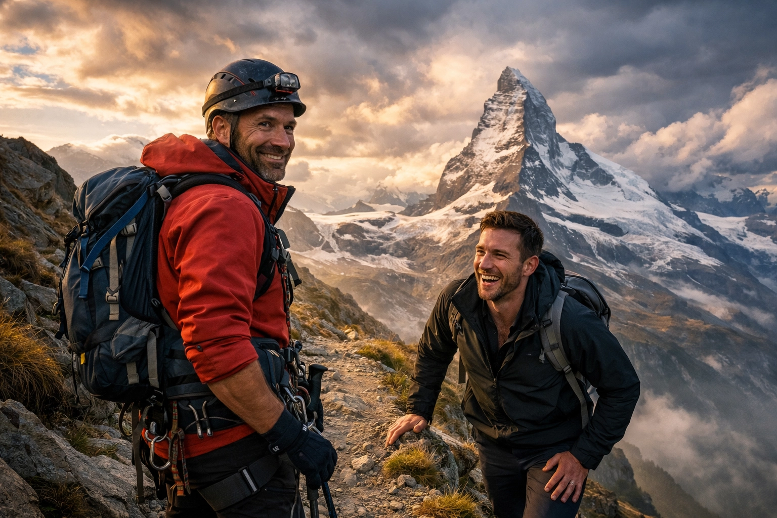 Gay couple hiking together on Alpine trail with mountain guide and city dweller finding connection
