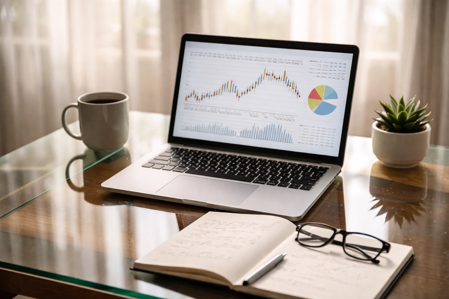 Glass desk with laptop showing financial charts, coffee mug, and organized work materials, representing strategic advisory ROI.