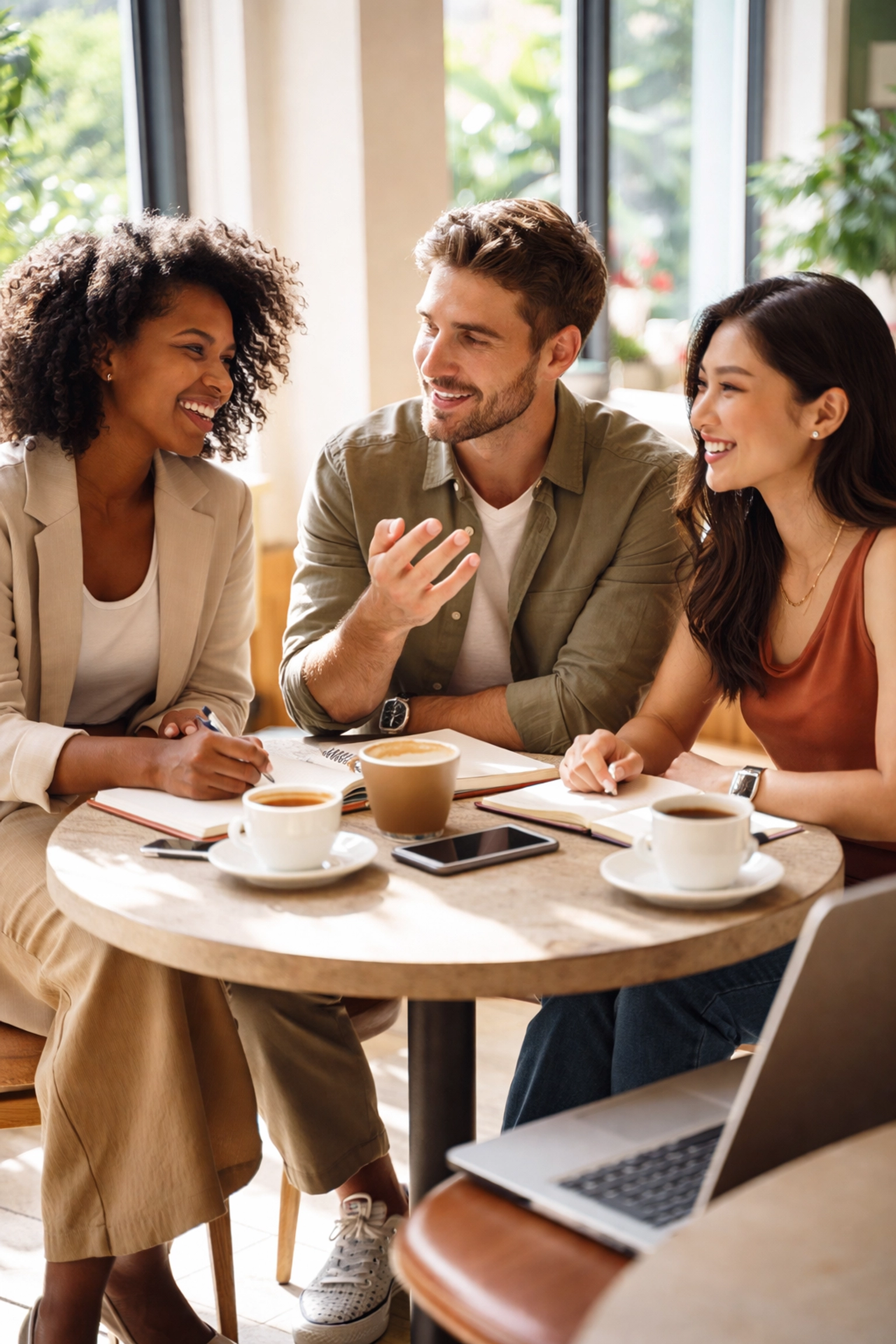 Three diverse founders in a café discussing boundary-setting and work-life balance for business success