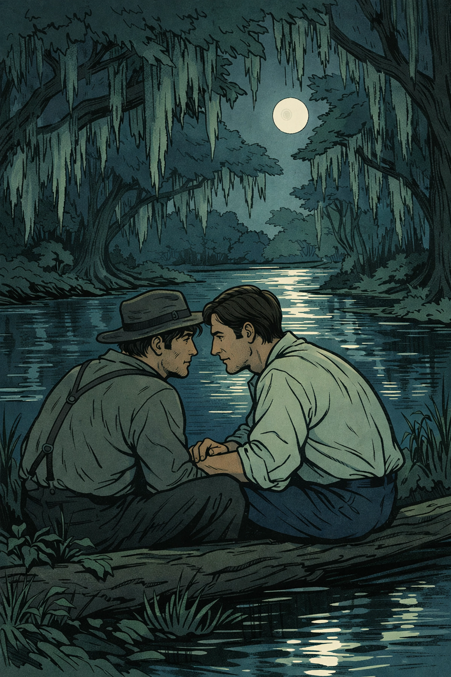 Two men share intimate moment by moonlit creek in historical MM romance setting