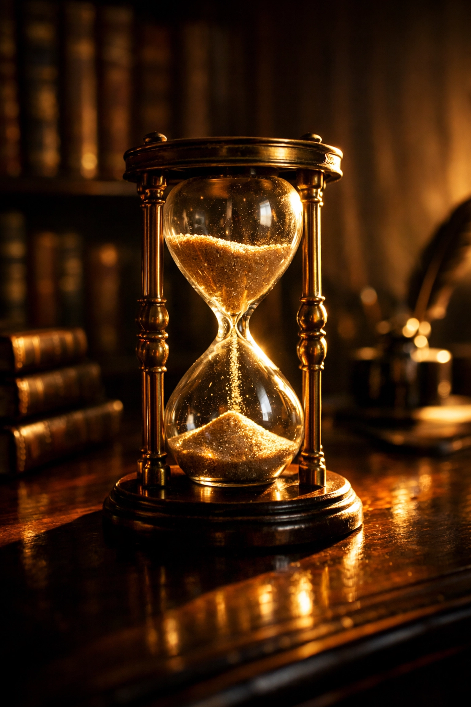 Vintage hourglass on a desk symbolizing the importance of locking in life insurance rates before aging.