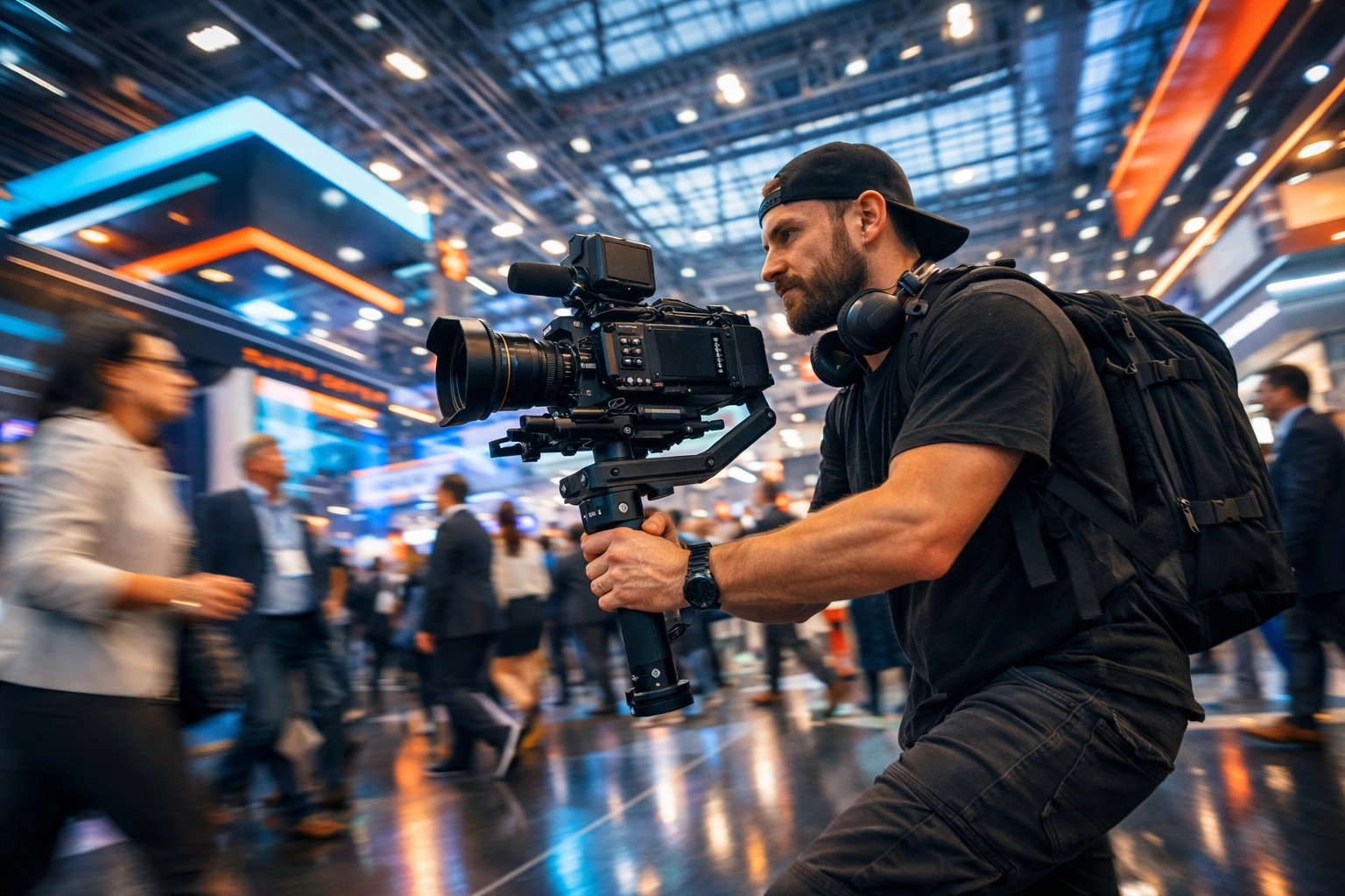 Corporate event videographer filming a busy trade show floor at the New York Javits Center.