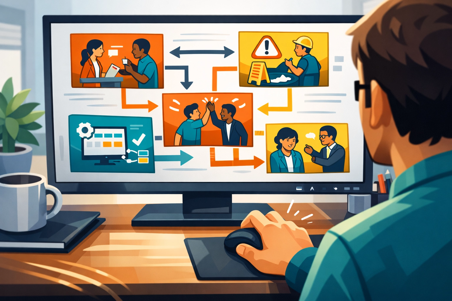 Employee using a branching scenario simulation to practice job skills and improve business growth.