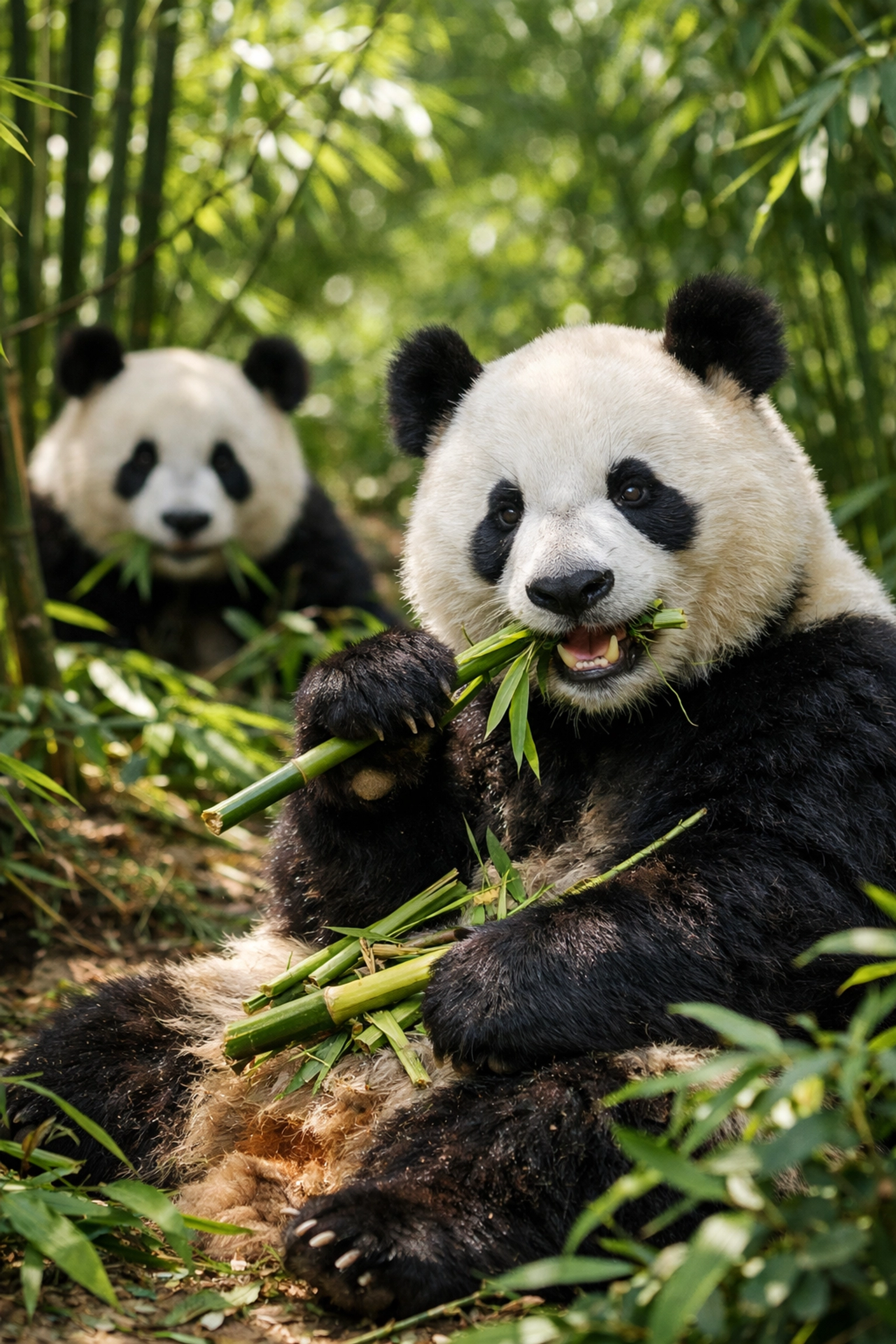Giant pandas eating bamboo in forest habitat, representing conservation success and species recovery